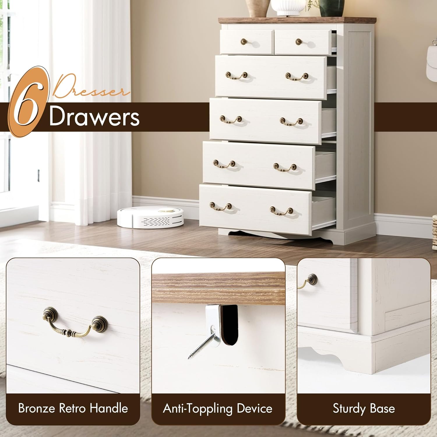 Farmhouse 6 Chest of Drawers for Bedroom, 48" Tall Wood Dresser with Bronze Retro Handles & 3D Drawer Fronts, Closet Dresser for Bedroom, Hallway, Antique White