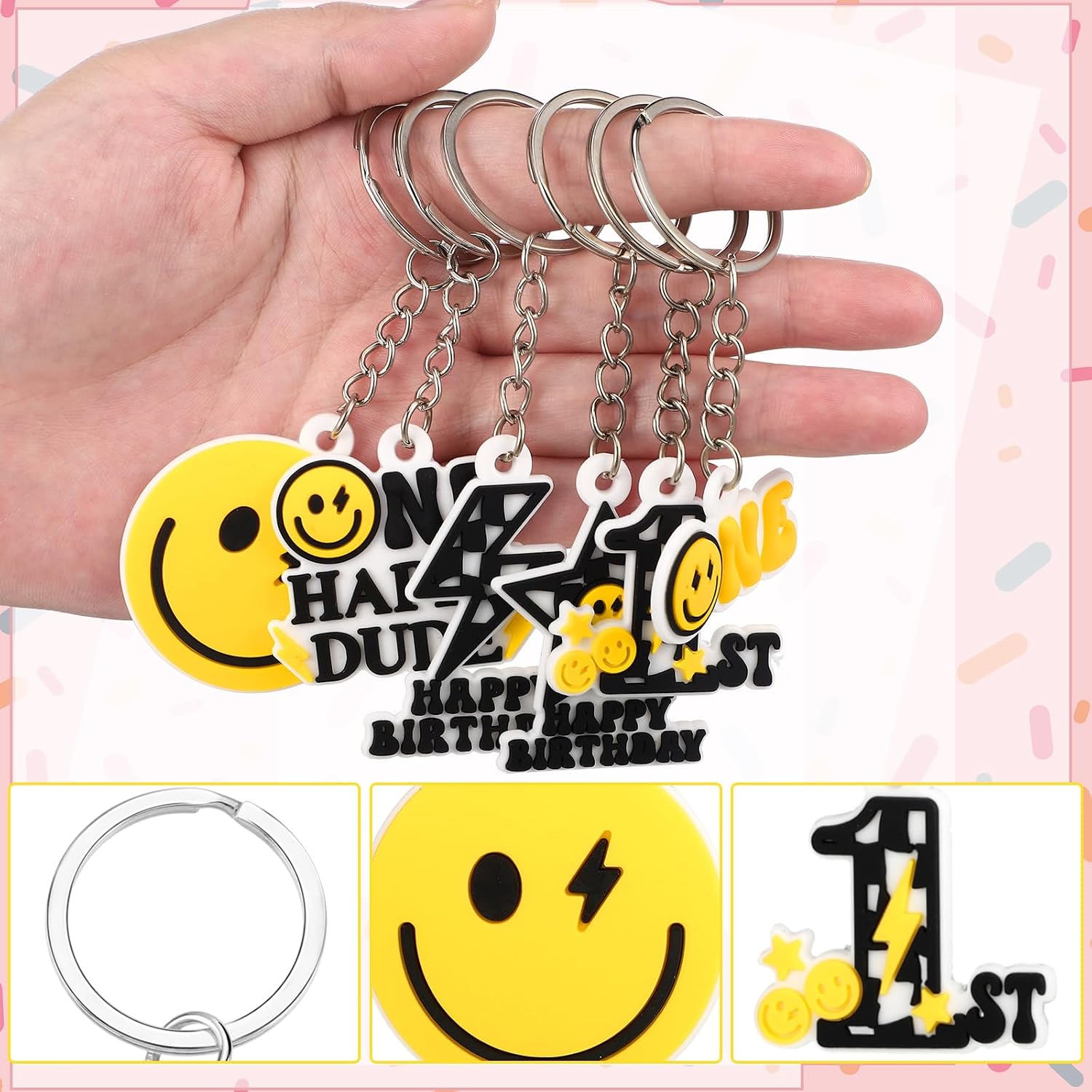 Quelay 24 Pcs One Happy Dude Keychains 1st Birthday Gift Smile Face Party Supplies 1st Birthday Party Favors Keychain image 3