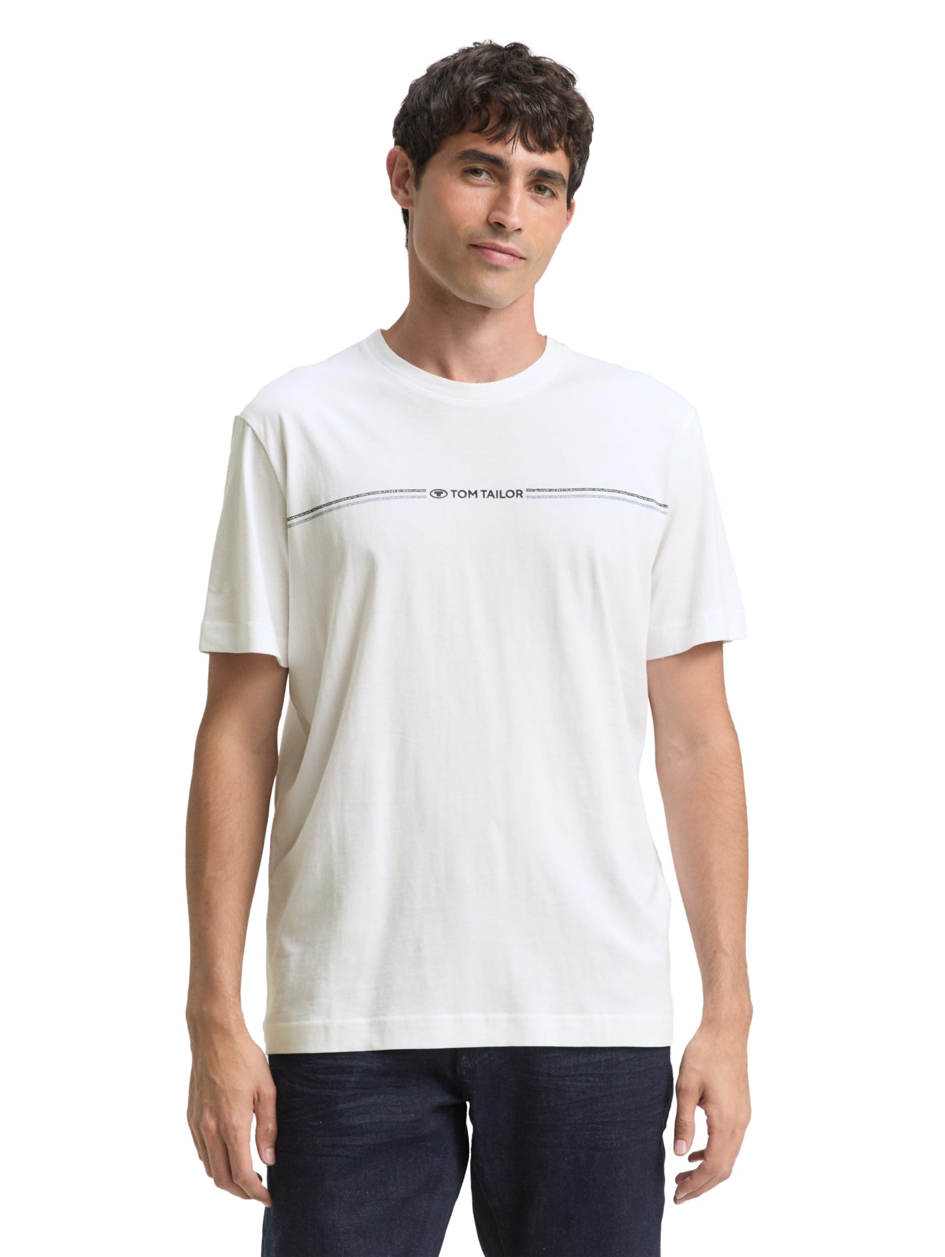 TOM TAILOR Herren T-Shirt mit Streifen-Print & Logo, 20000 - White, S