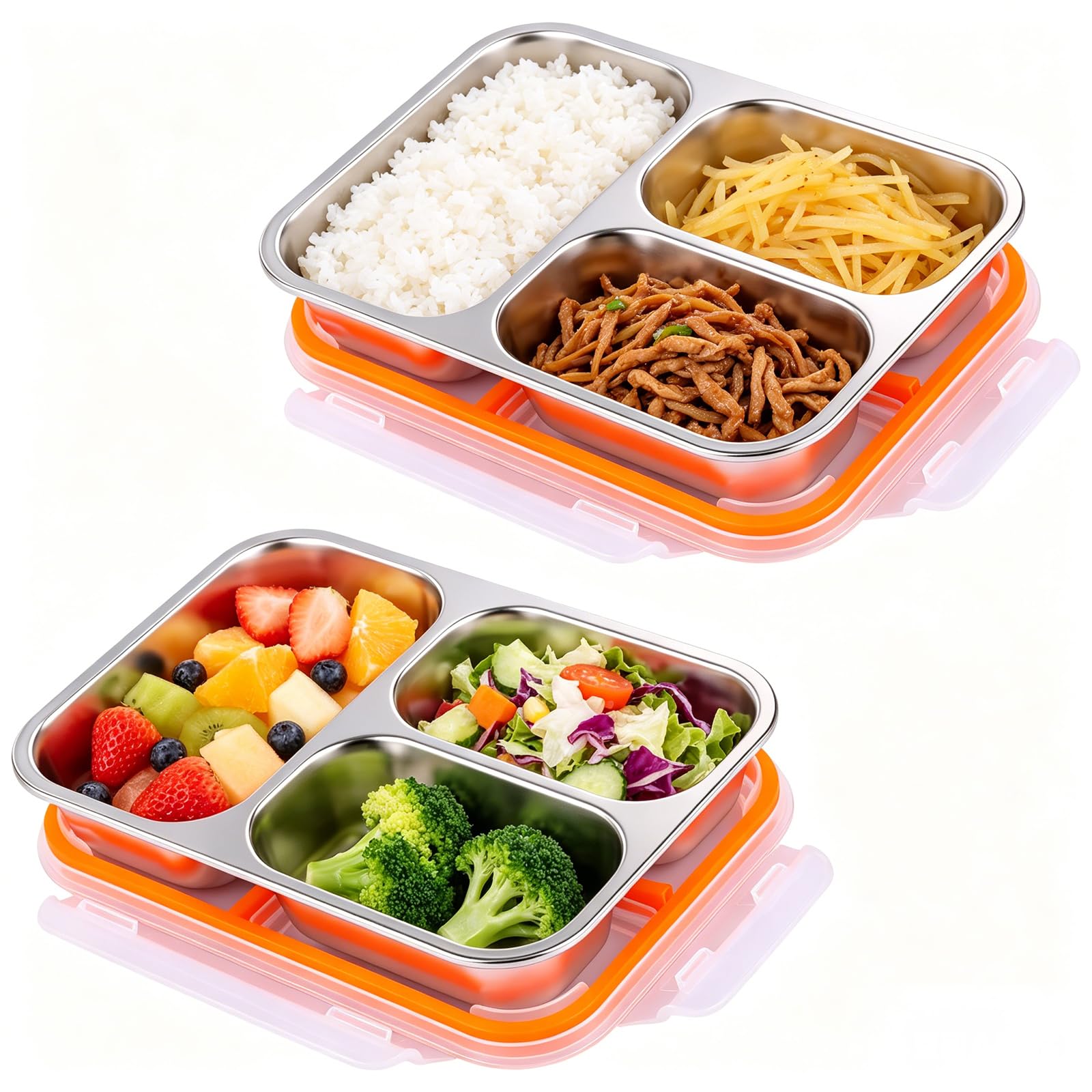 Rhaiqbvc Three Grid 2Pcs Stainless Steel Snack Containers With Lids, Bpa Free Leakproof Metal Food Container With Compartments, Reusable Food Containers For Daycare, School, Work, Travel(Three Grid)
