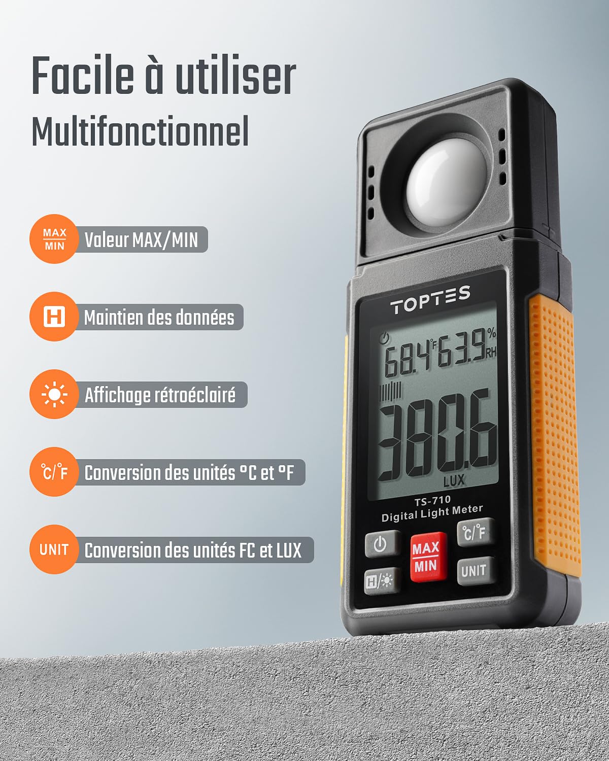 Luxmètre Numérique, TopTes TS-710 Luxmètre avec Capteur Rotatif à 180º, Plage 0,1~200 000 Lux, Mesurer la Lumière pour Plantes, LED de Maison, Bureau, Phares de Voiture (Batterie Incluse)