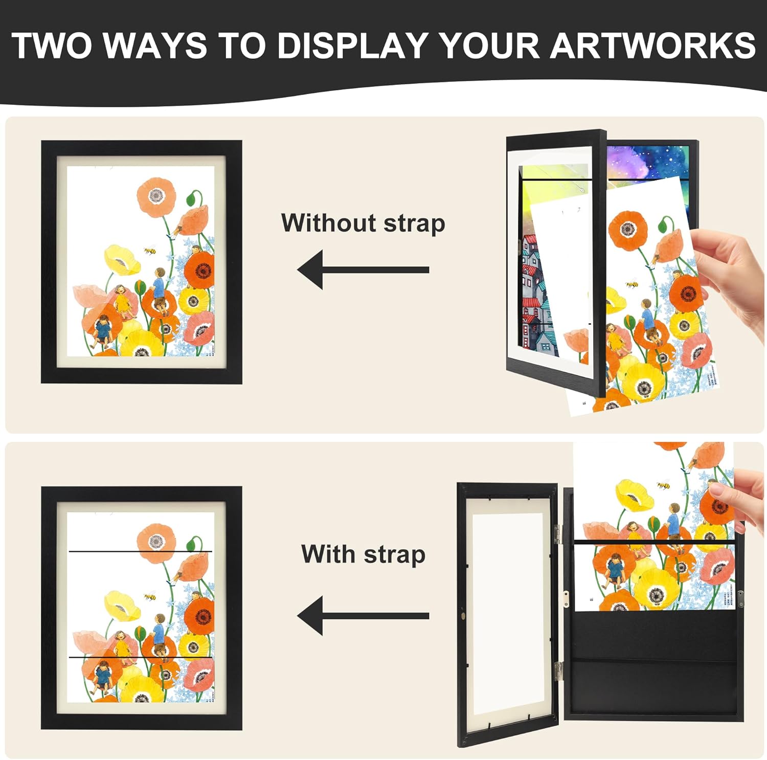 Changeable Kids Art Display Frames 8.5x11 Wall Gallery - 4 Pack Front Loading Storage for Classroom, Daycare & Home |Holds 50 Artworks Each | No Nail Needed (Black)