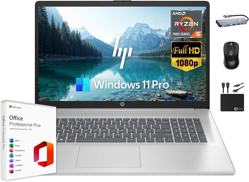 HP 17 Laptop Business, 17.3" FHD IPS Display, 16GB RAM, 1.5TB Storage (1TB SSD + 500GB Ext Drive), 6-Core AMD Ryzen 5 Processor, Lifetime Microsoft Office, Long Battery, MarxsolAccessory, Win 11 Pro