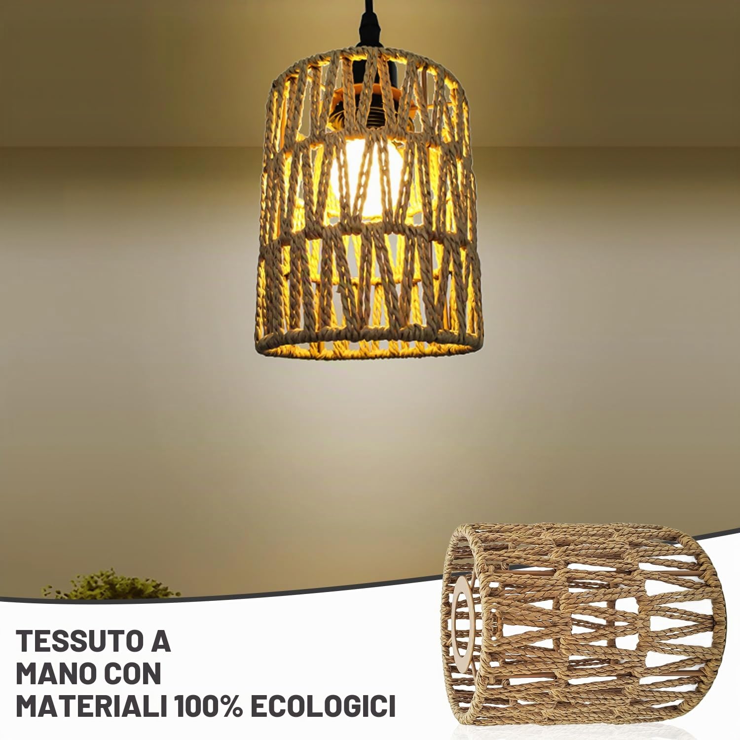 Paralume a sospensione effetto rattan, 2 pezzi, stile boho retrò, copertura per lampade a sospensione, accessori per sala da pranzo, soggiorno in beige