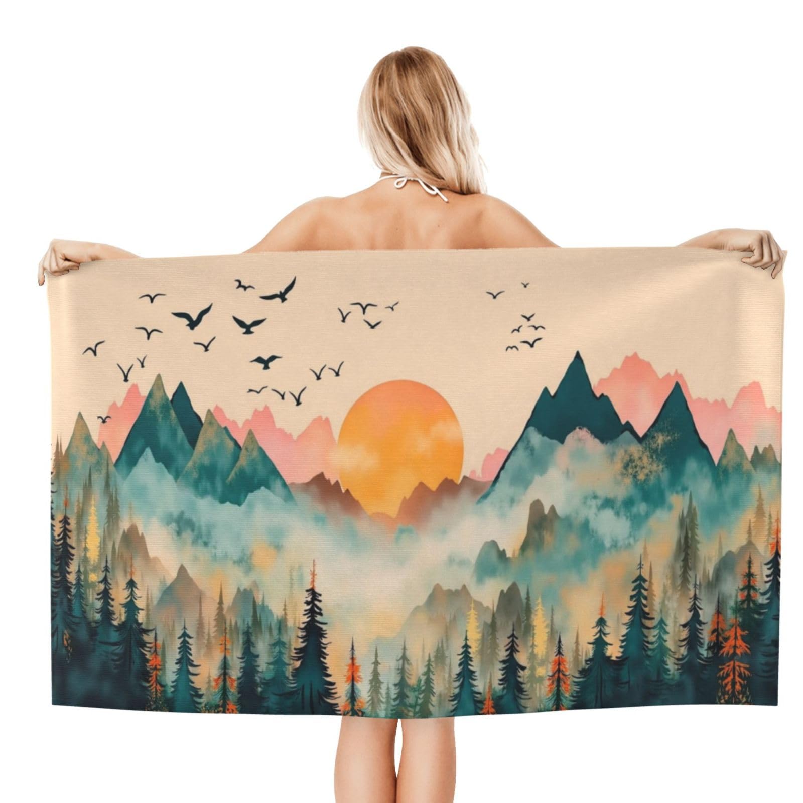 Anceky Beach Towel for Women, Mountain Sunset Sand-Free Microfiber Ultra Soft Lightweight Bath Towels for Outdoor Bathroom Swimming 32"X52"