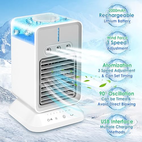 Miniatura 2 de Aire acondicionado portátil, ventilador de atomización recargable de 2000 mAh (temporizador 2-4 H), aire acondicionado de brisa fría con oscilación