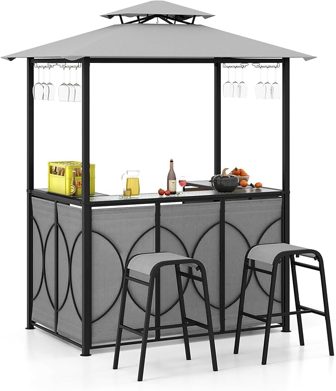 Set Bar da Patio a 3 Pezzi, Gazebo per Griglia e 2 Sgabelli da Bar con Tavolo in Vetro Temperato, Ripiani in Metallo, Portabicchieri, per Giardino Cor