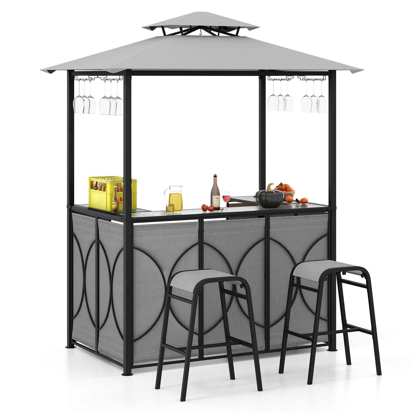 GOPLUS Cenador para barbacoa, doble techo con cristal templado, mesa de bar, 2 taburetes, soportes de cristal, 2 estantes, toldo para barbacoa, resistente a la intemperie, para exterior, jardín, patio