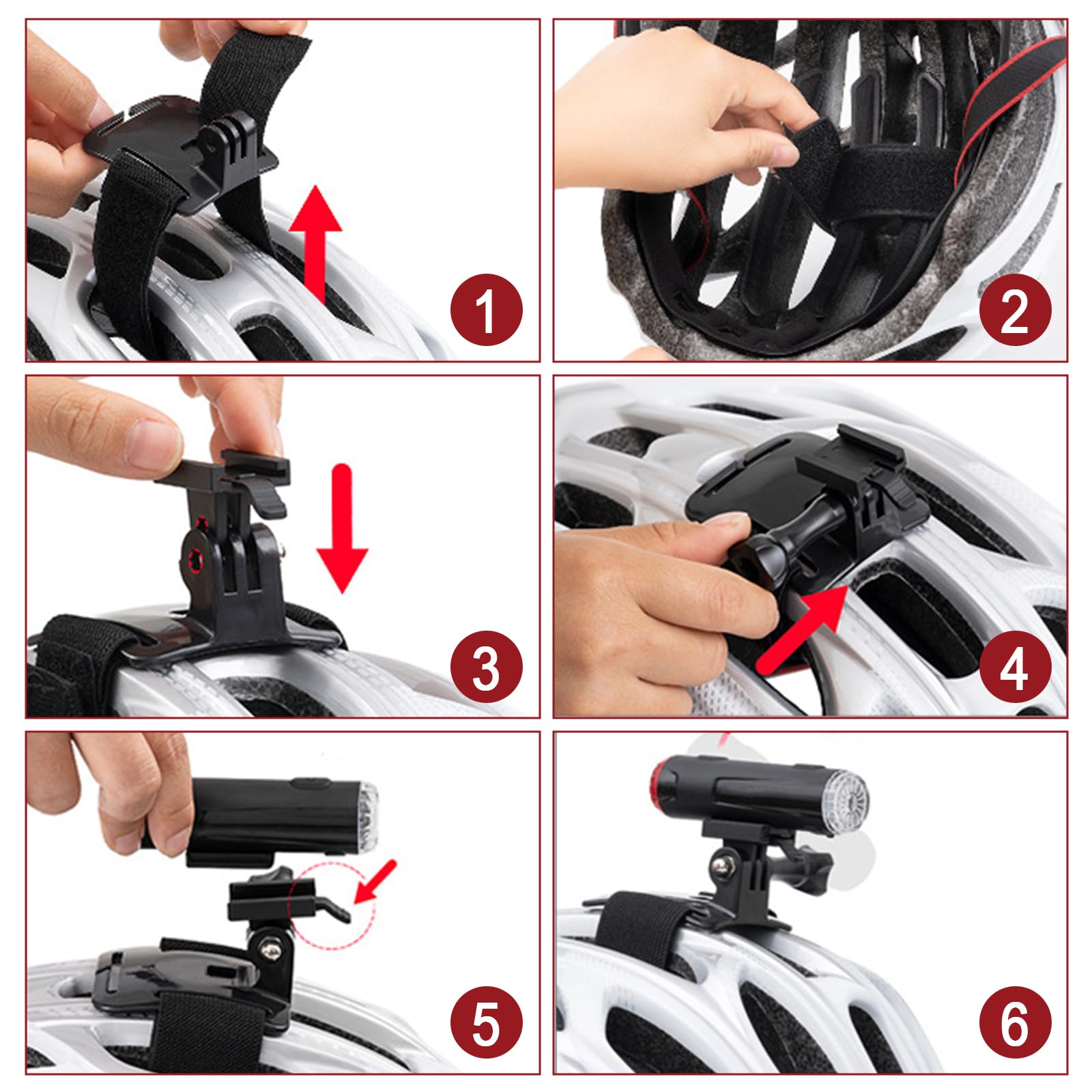 Lot de 2 éclairages pour casque de vélo, double éclairage avant et arrière pour casque de vélo, lampe torche portable rechargeable par USB, 5 niveaux de gradation, avertissement à 360° pour