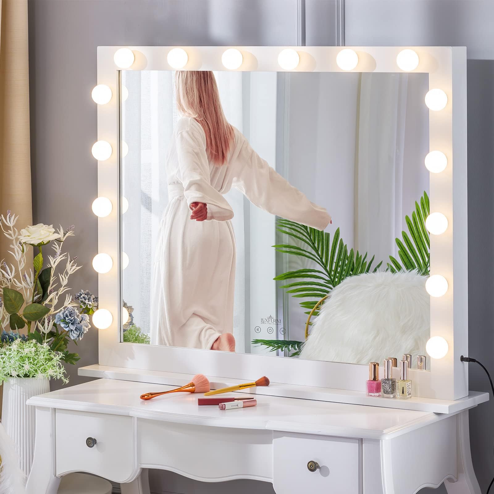 LUXFURNI Vanity Mirror with Makeup Lights, Large Hollywood Light up Mirrors w/ 16 LED Bulbs for Dressing room Tabletop, White