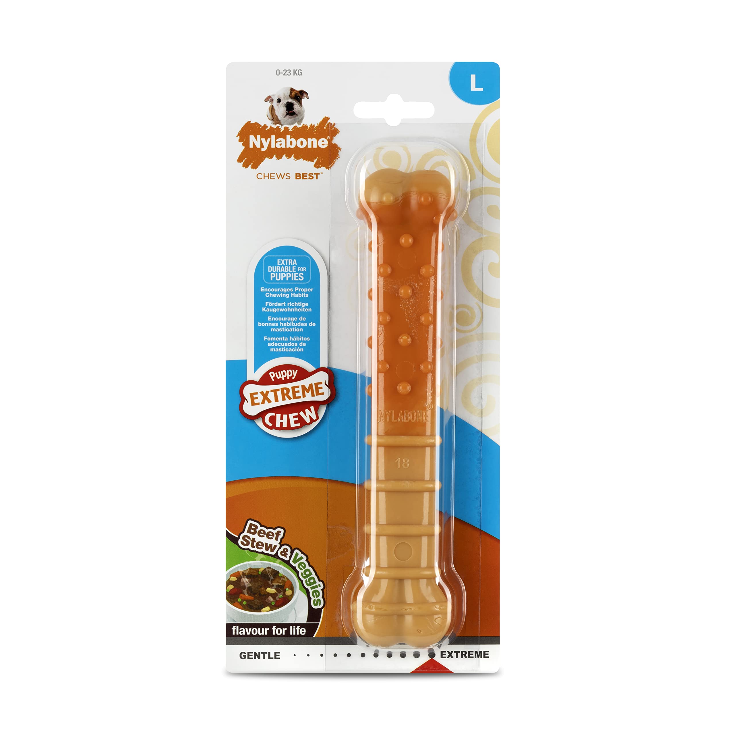 Nylabone Hueso para Cachorros Extremadamente Duros masticables para sabores de Carne de Vacuno y Verduras, Grande, para Cachorros de hasta 23 kg