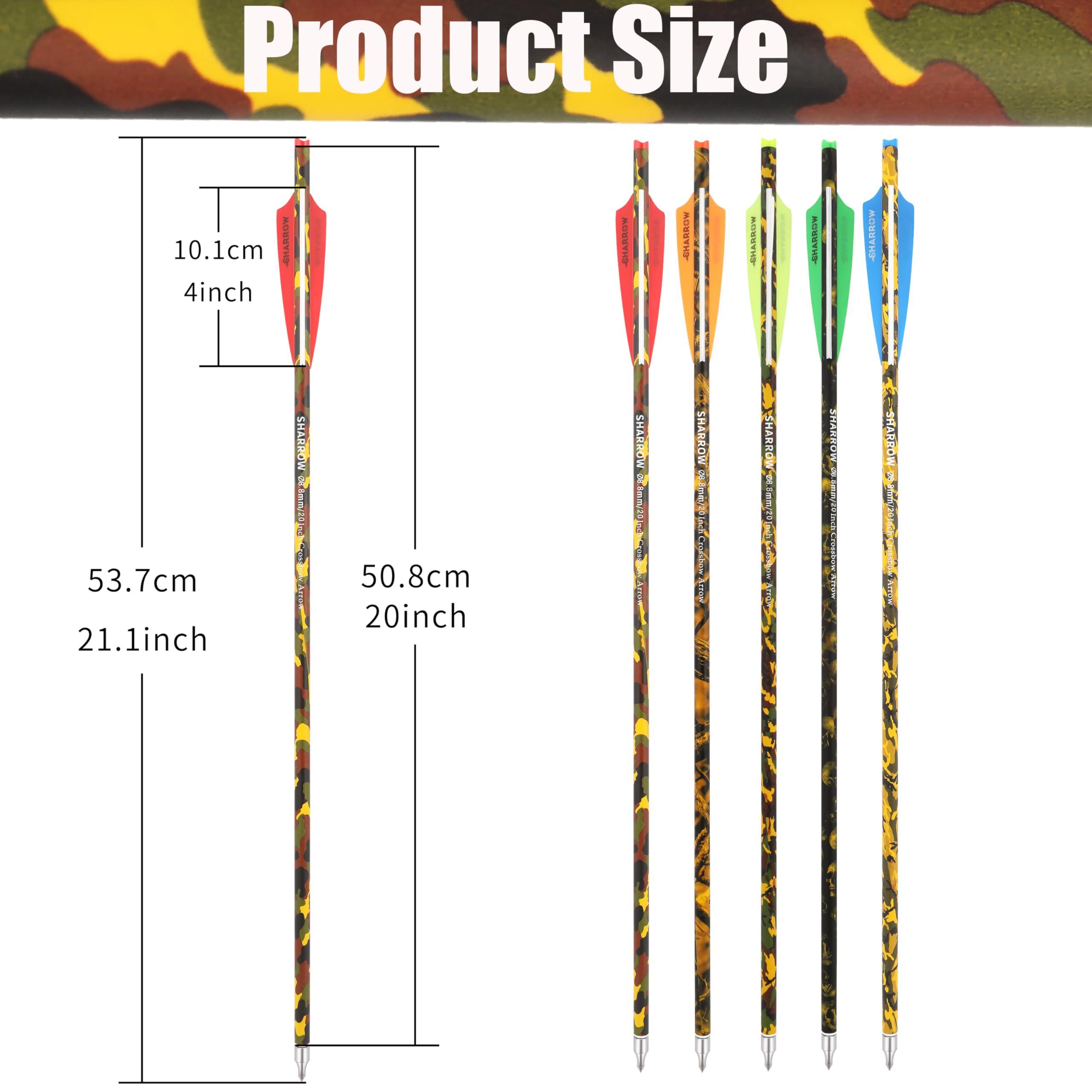 12pcs Flèches pour arbalète Boulons d'arbalète 16" 17" 18" 20" 22" Flèches de Chasse ID 7.62mm OD 8.8mm 125 Grain Pointe de flèche remplaçable pour la Chasse à l'arbalète