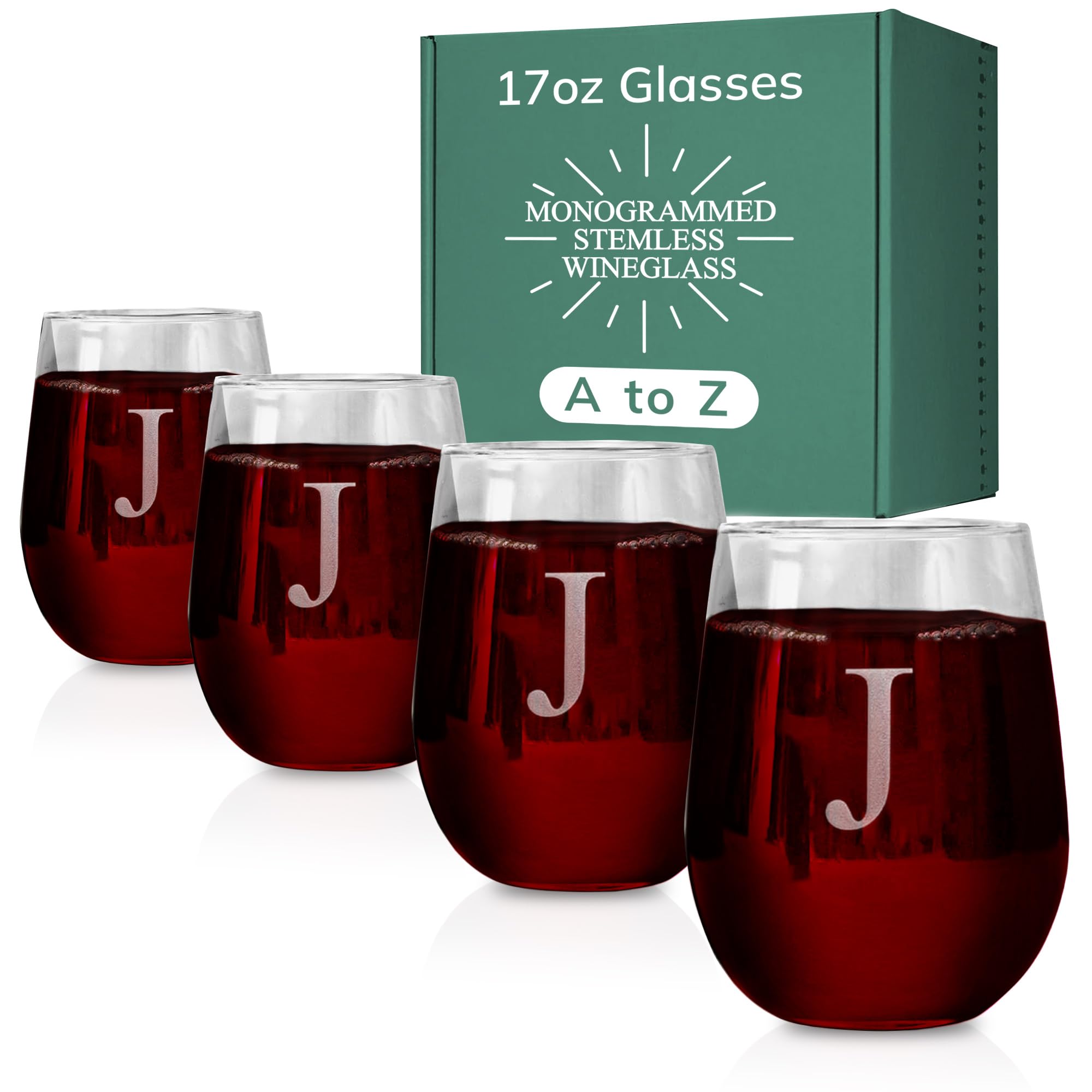 Zestaw 4 kieliszków do wina bez nóżek, naczynia barowe z piaskowanymi monogramami, pojemność 480 ml każdy (J)