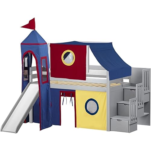 JACKPOT! Castle Low Loft Stairway Bed with Slide Red & Blue Tent and Tower, Loft Bed, Twin, Gray