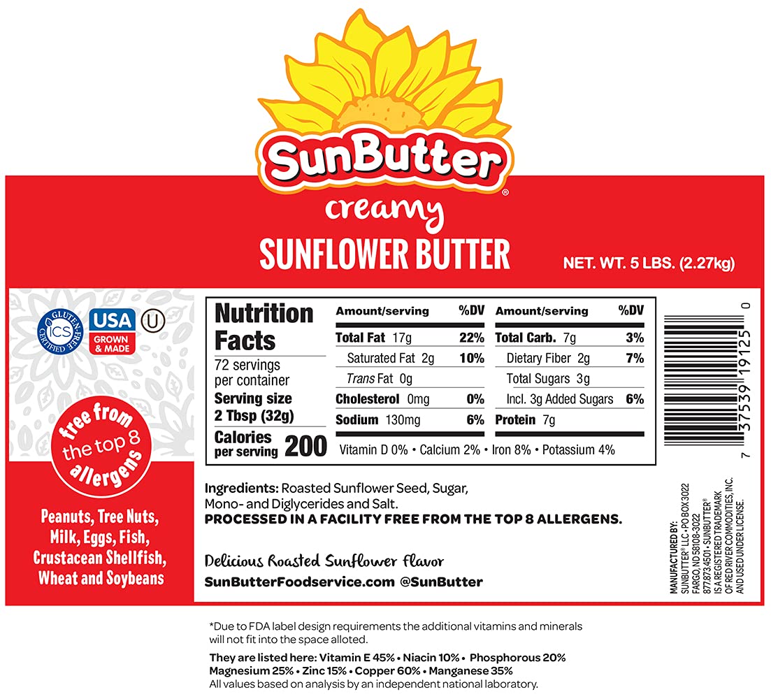 Sunbutter Creamy Sunflower Spread Peanut Free Non Allergen Two Five Pound Containers