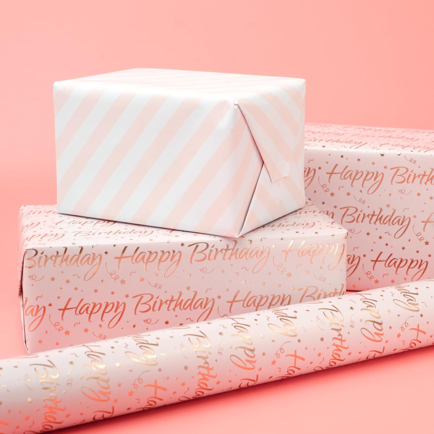 LDGOOAEL Mini Birthday Wrapping Paper Roll - Reversible Design (17" X 32.8 Feet) - Metallic RoseGold/Stripes - Image 6