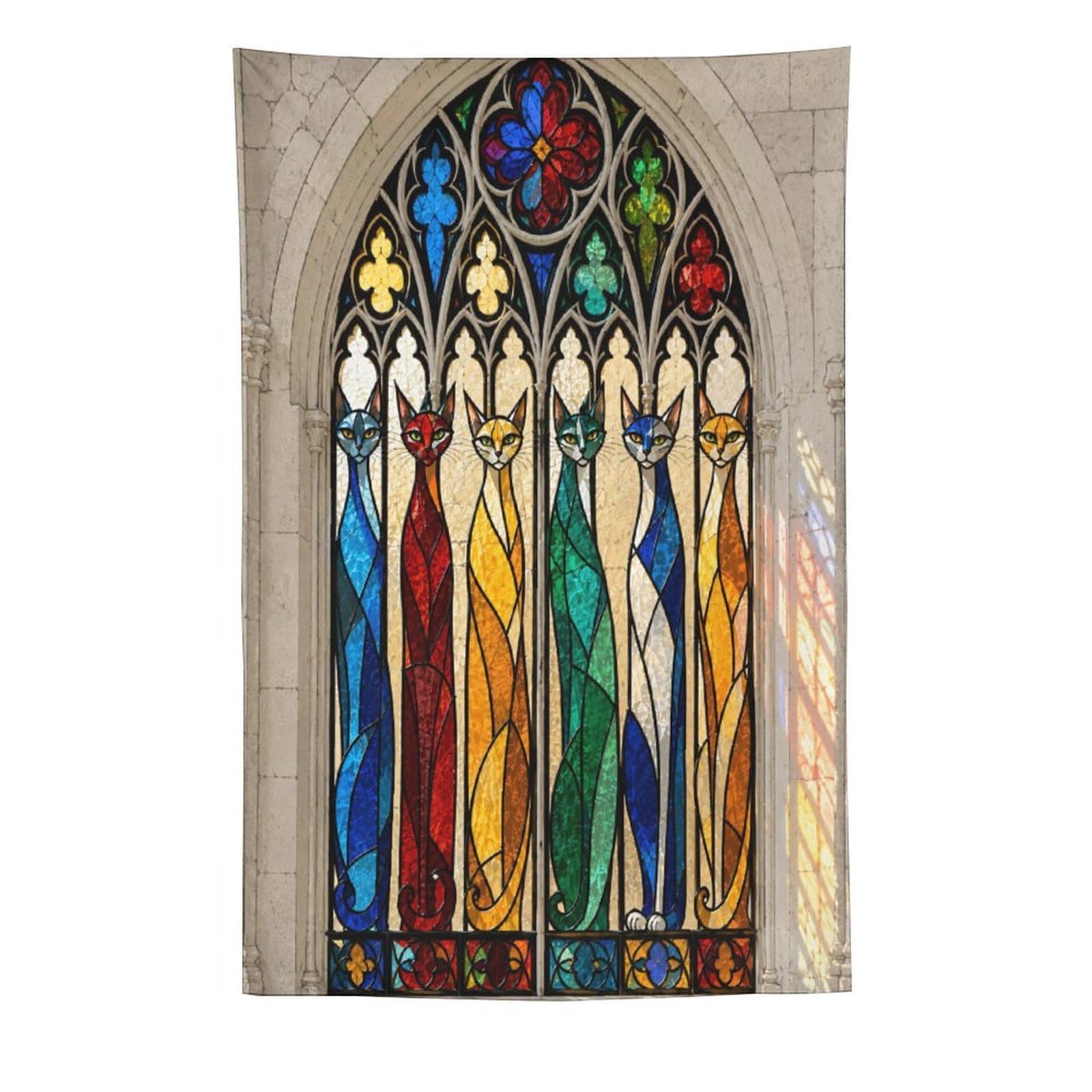 W7C8U2X3 Stained Glass Cats Wall Tapestry, Stained Glass, Gothic Window