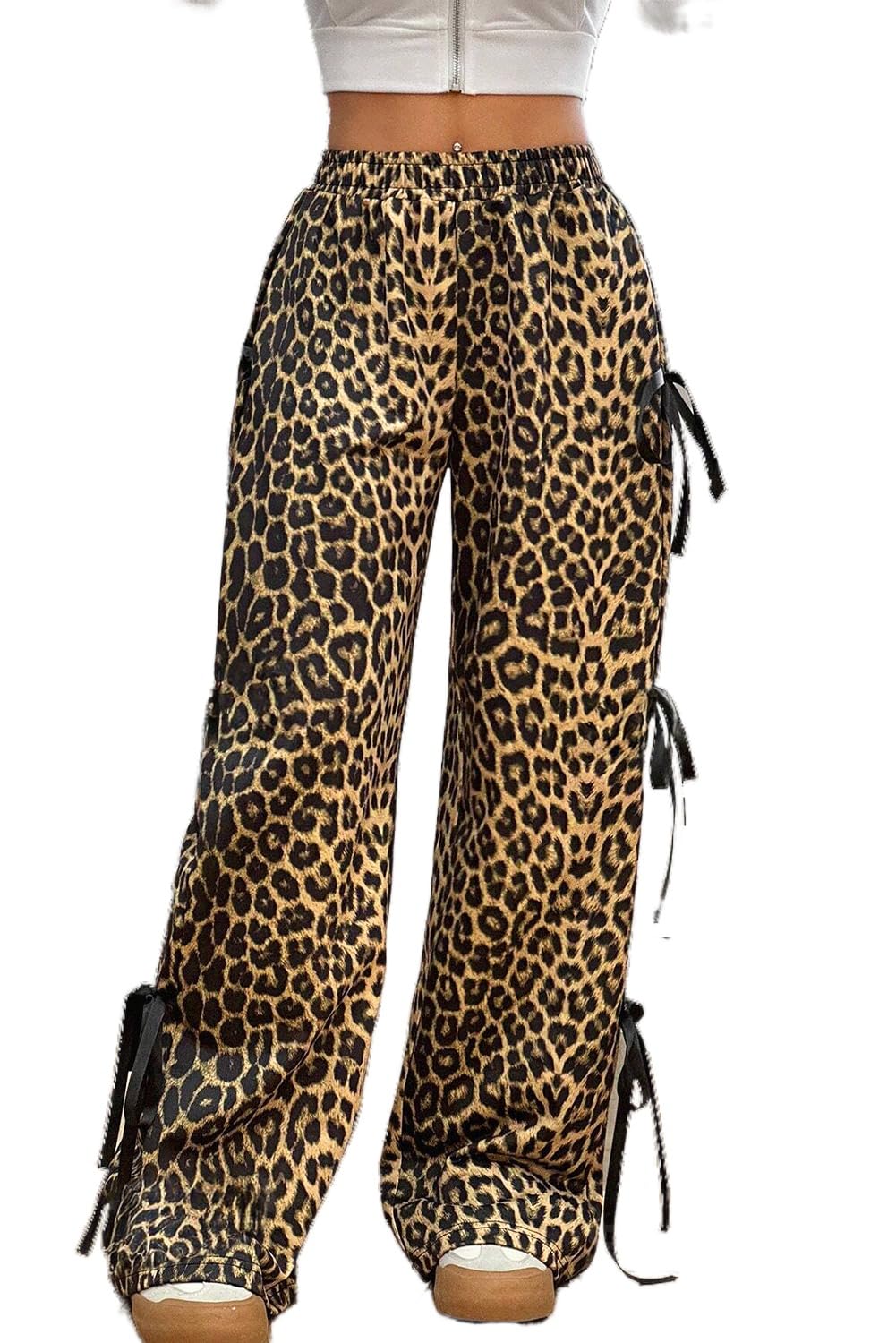 Melliflo Leopard Print Pants for Women Bow Tie Drawstring Pants Elastic Waist Wide Leg Loose Casual Pants