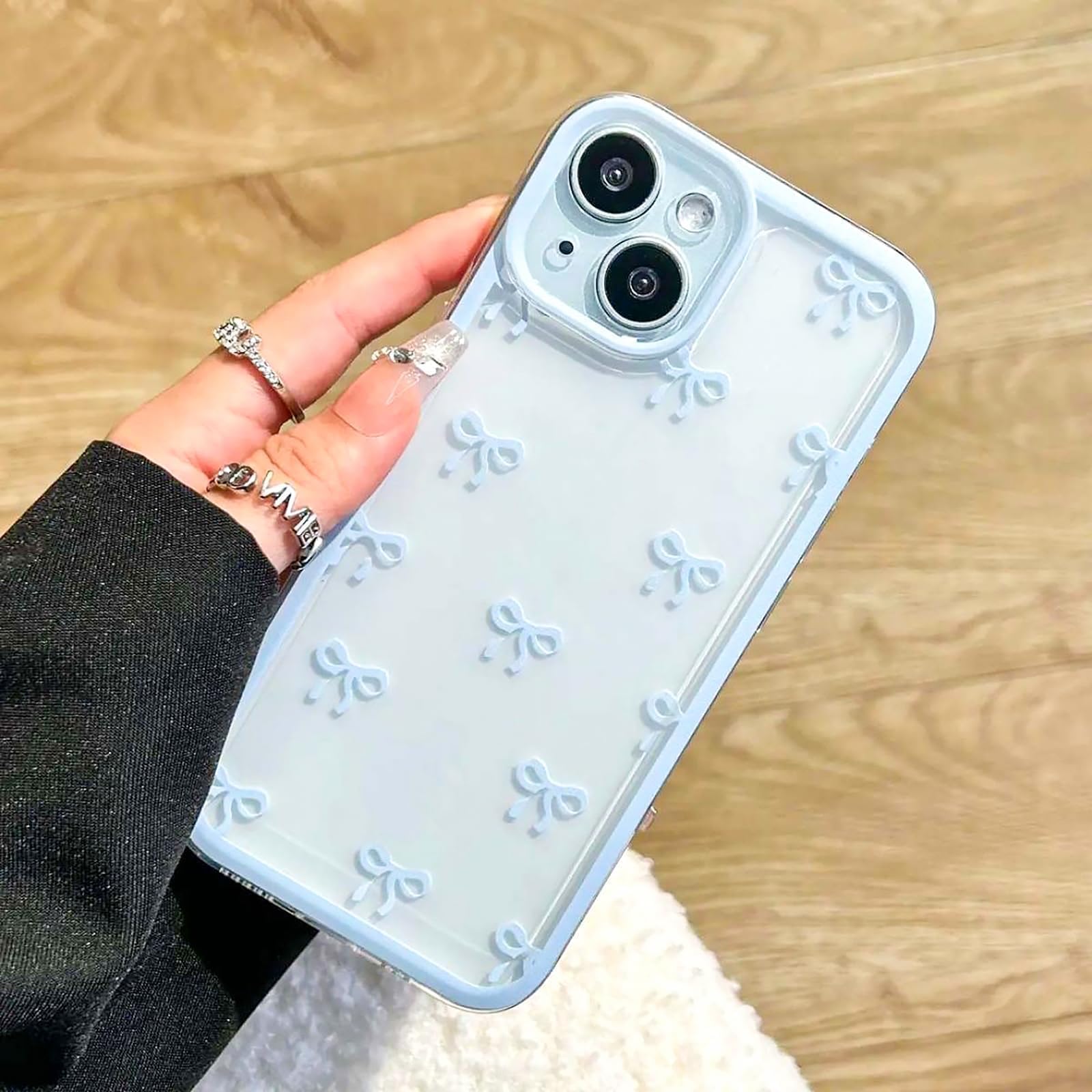 Compatible with iPhone 15 Pro Max Printed Blue Ribbon Bow Clear Phone Case, Shockproof TPU Protective for iPhone Cases Phone Cover