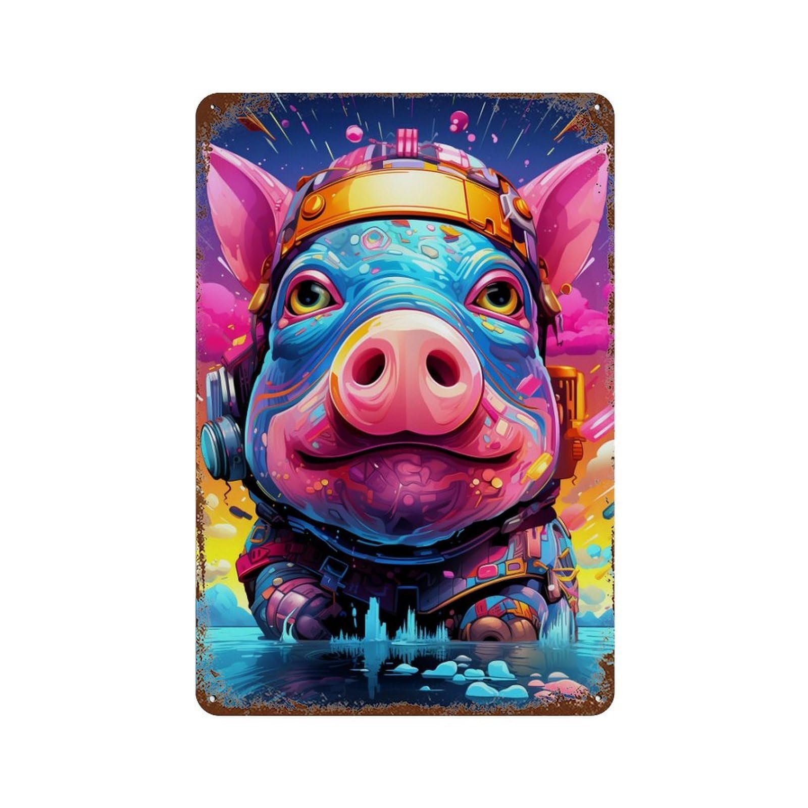 Rust Effect Pig Art Print Vintage Metal Tin Sign 11.8"x7.9", Farmhouse Wall Decor for Garage, Bar And Workshop Decor