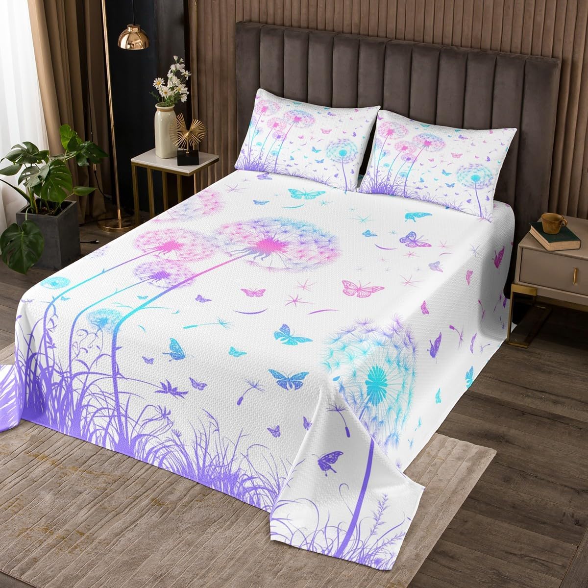 Erosebridal Kids Dandelion King Bedspread Set,Purple Plant Floral Quilt Set for Girls Boys Adults Women Bedroom,Natural Garden Botanical Coverlet Set Colorful Animals Aesthetic Bedding Set