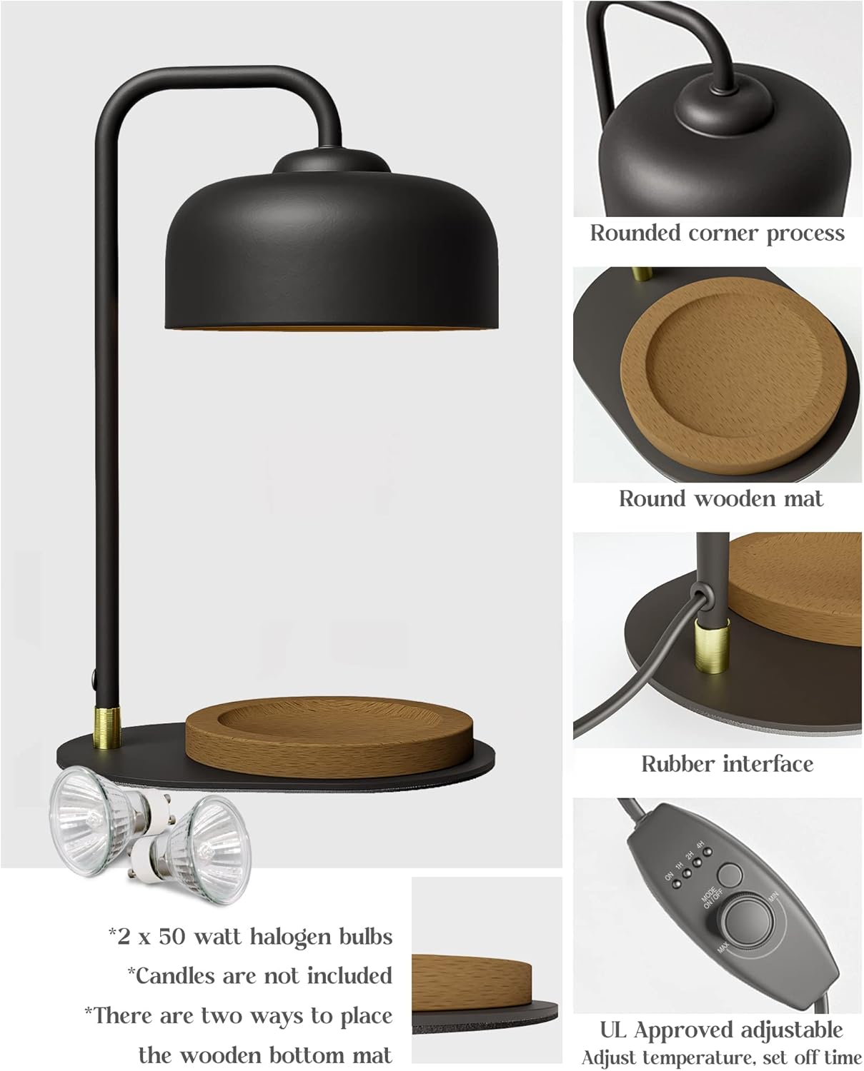 Candle Warmer Lamp with Timer, Compatible with Jar Candles, CHIACHIA Lamp Candle Warmer Dimmable, Metal Top Candle Warmer with 2 Bulbs for Scented Candles (Black)