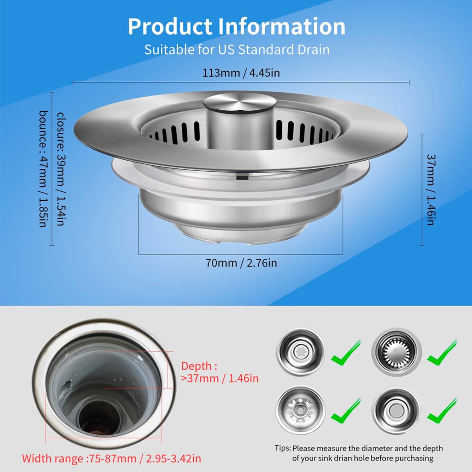 Bouchon de canalisation de Cuisine, crépine pour évier,Bouchon d'évier de Cuisine escamotable en Acier Inoxydable - d'évier à Drainage Rapide, Panier collecteur de Nourriture Anti-colmatage po