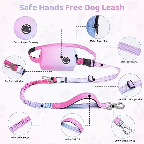 Miniatura 2 de Correa elástica retráctil de doble asa manos libres con ribete reflectante, cinturón ajustable para pasear al perro, correr, senderismo, correa de