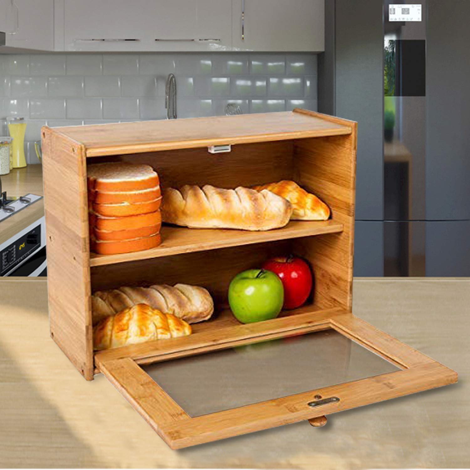 INDRESSME Bamboo 2 Layer Large Capacity Bread Box Countertop Bread