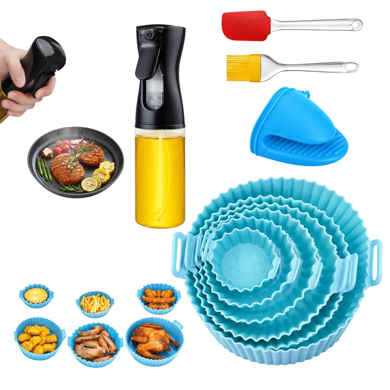 10 PCS Air Fryer Accessories Combo Kit – Silicone Air Fryer Liners Set, 200ml Oil Spray Bottle, Silicone Brush, Spatula & Heat Resistant Grip | Reusable Non-Stick Air Fryer Kitchen Tools-image-26