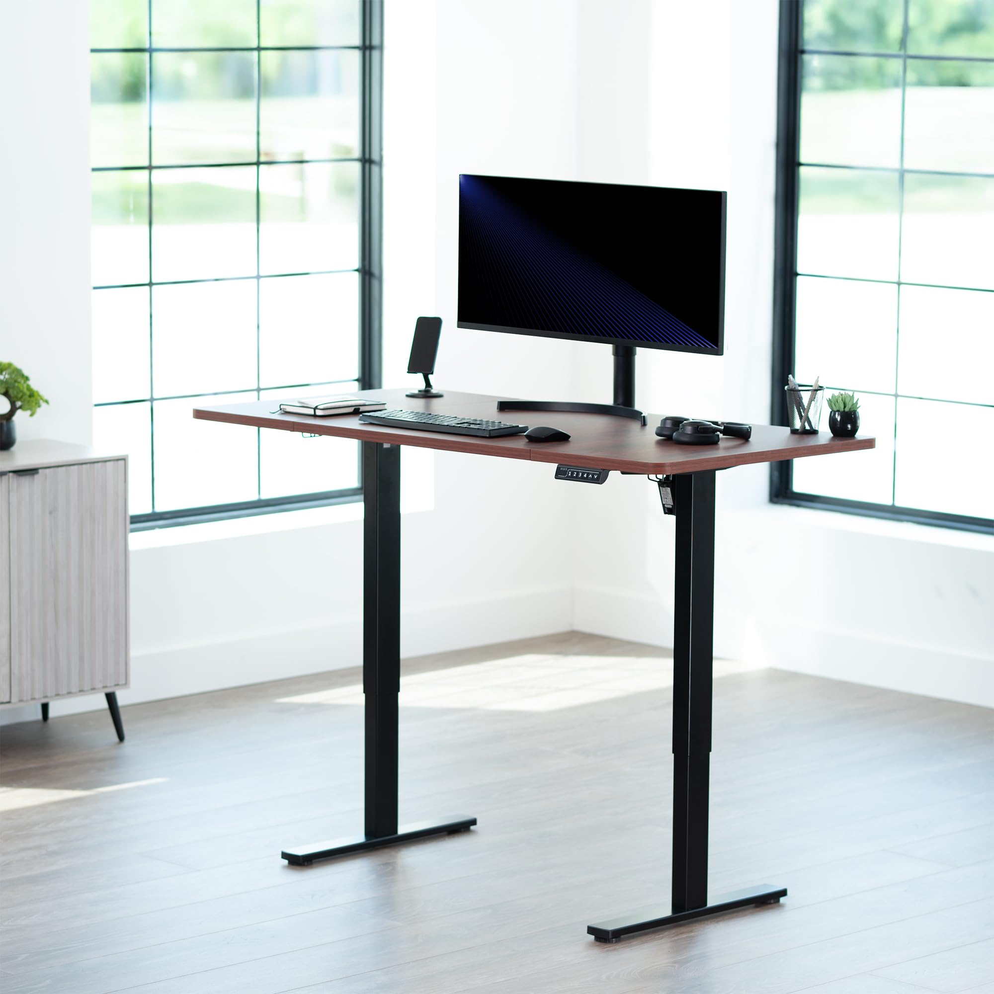 VIVO Electric 60 x 24 in Standing Desk, Memory Height Adjustment, 1B Series, One-Piece Dark Walnut Top, Black Frame, DESK-KIT-1B6D