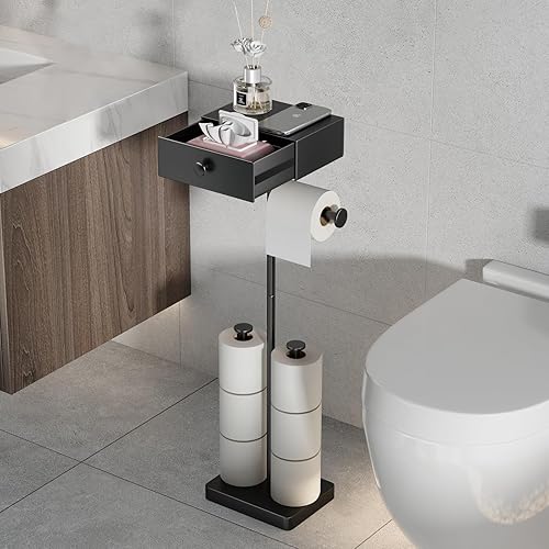 VOLDRA Soporte de papel higiénico con estante, soporte de rollo de papel higiénico negro con cajón de almacenamiento de toallitas, soporte de papel
