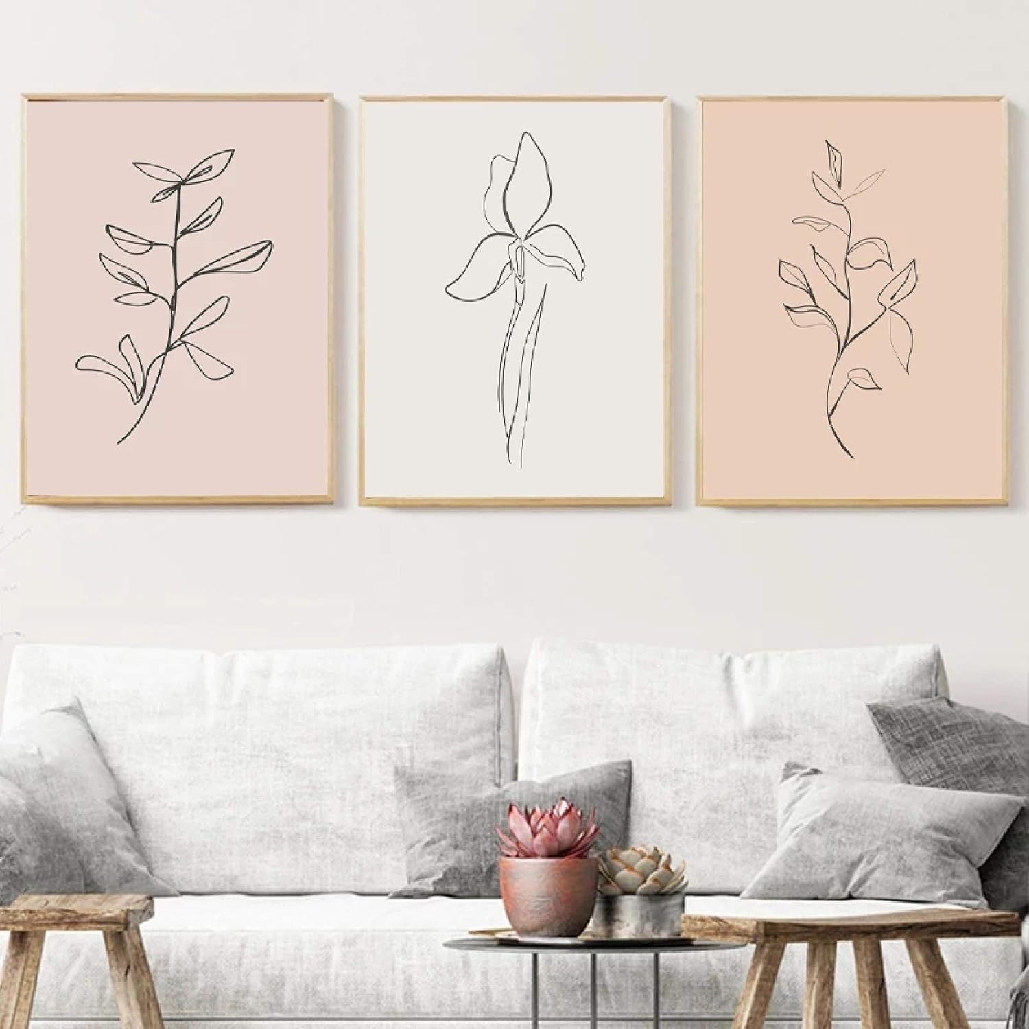 鉛筆の葉一本線画プリントポスター最小限の壁アートキャンバス絵画植物の壁の写真リビングルームの装飾60x95cmx3フレームレス