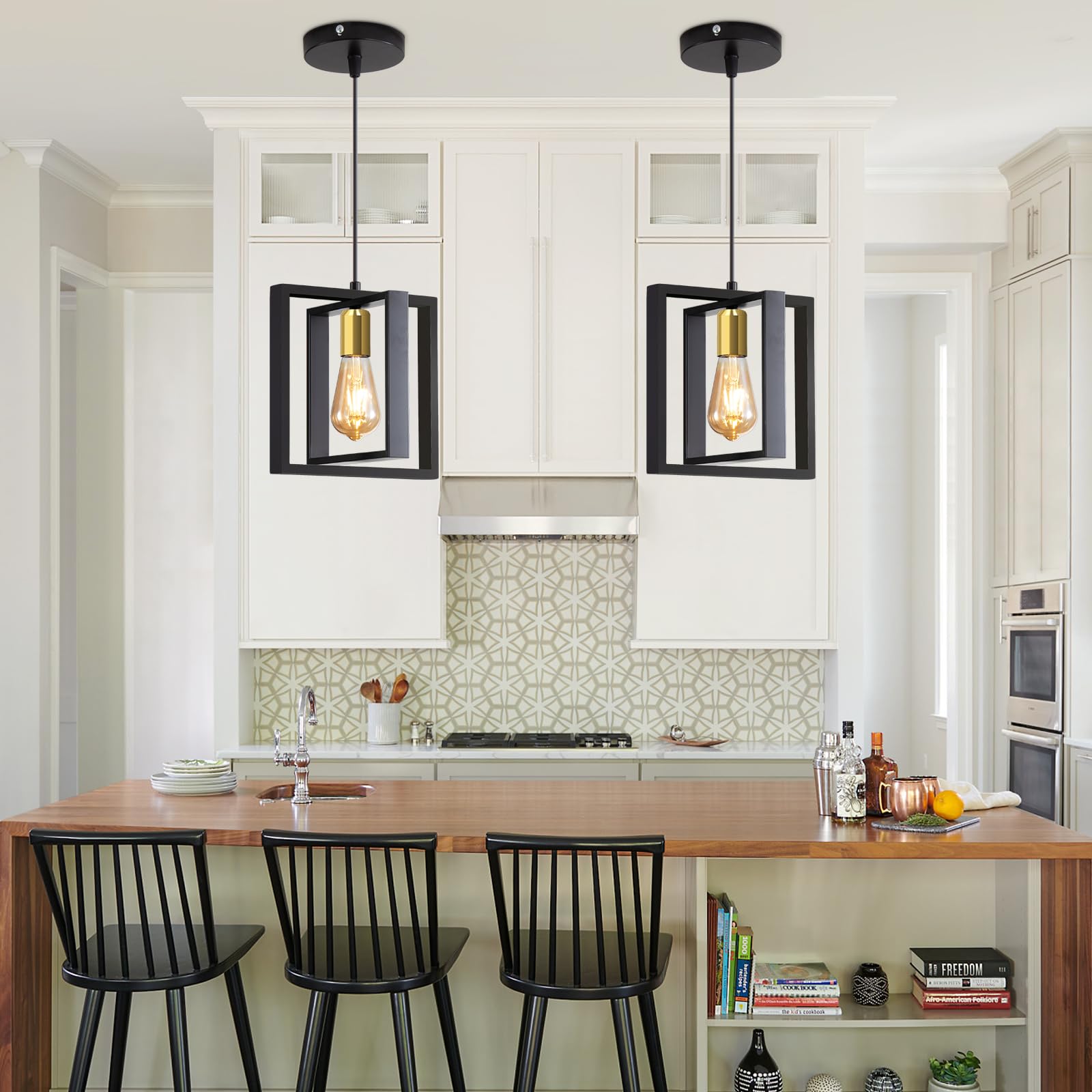 Mikeru Farmhouse Pendant Light, Vintage Black Metal Pendant Light, 2 Pack with E27 Base for Kitchen, Living Room, Bedroom, Hallway