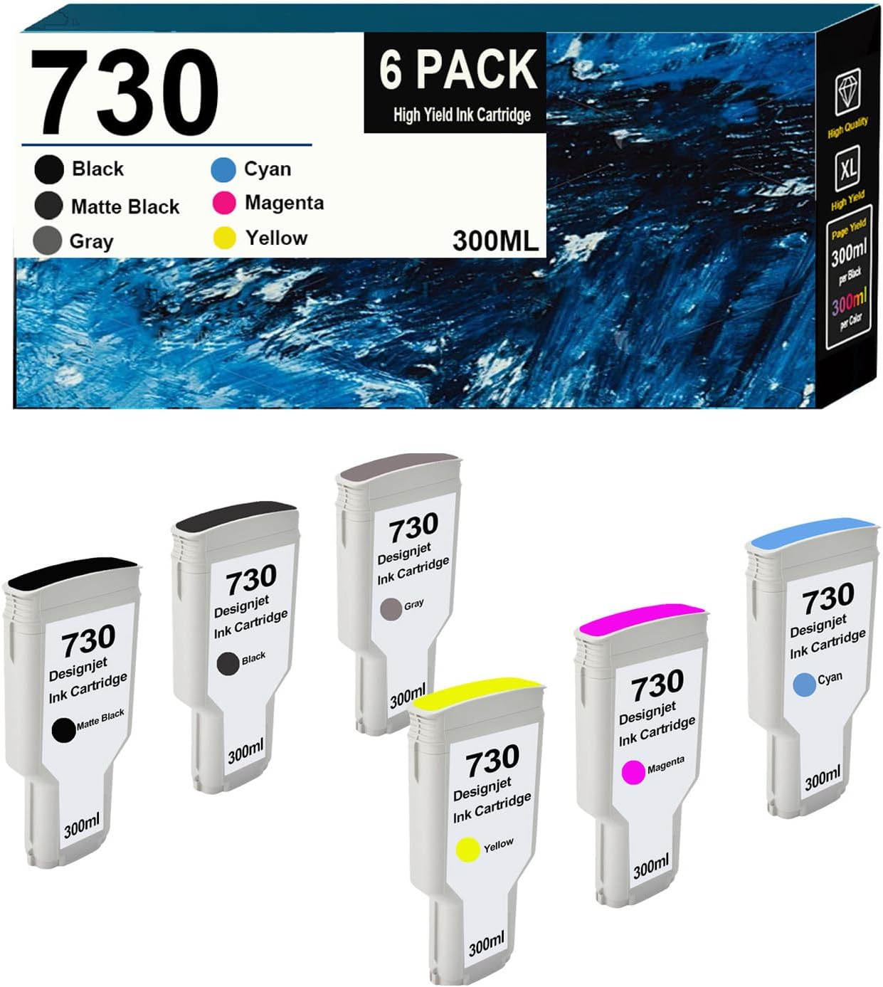 6PK Remanufactured 730 Photo Ink Cartridge P2V68A P2V69A P2V70A P2V71A P2V72A P2V73A 730XL Use for Designjet T1600 T1700 T2600 Printers (300ml/PCS)