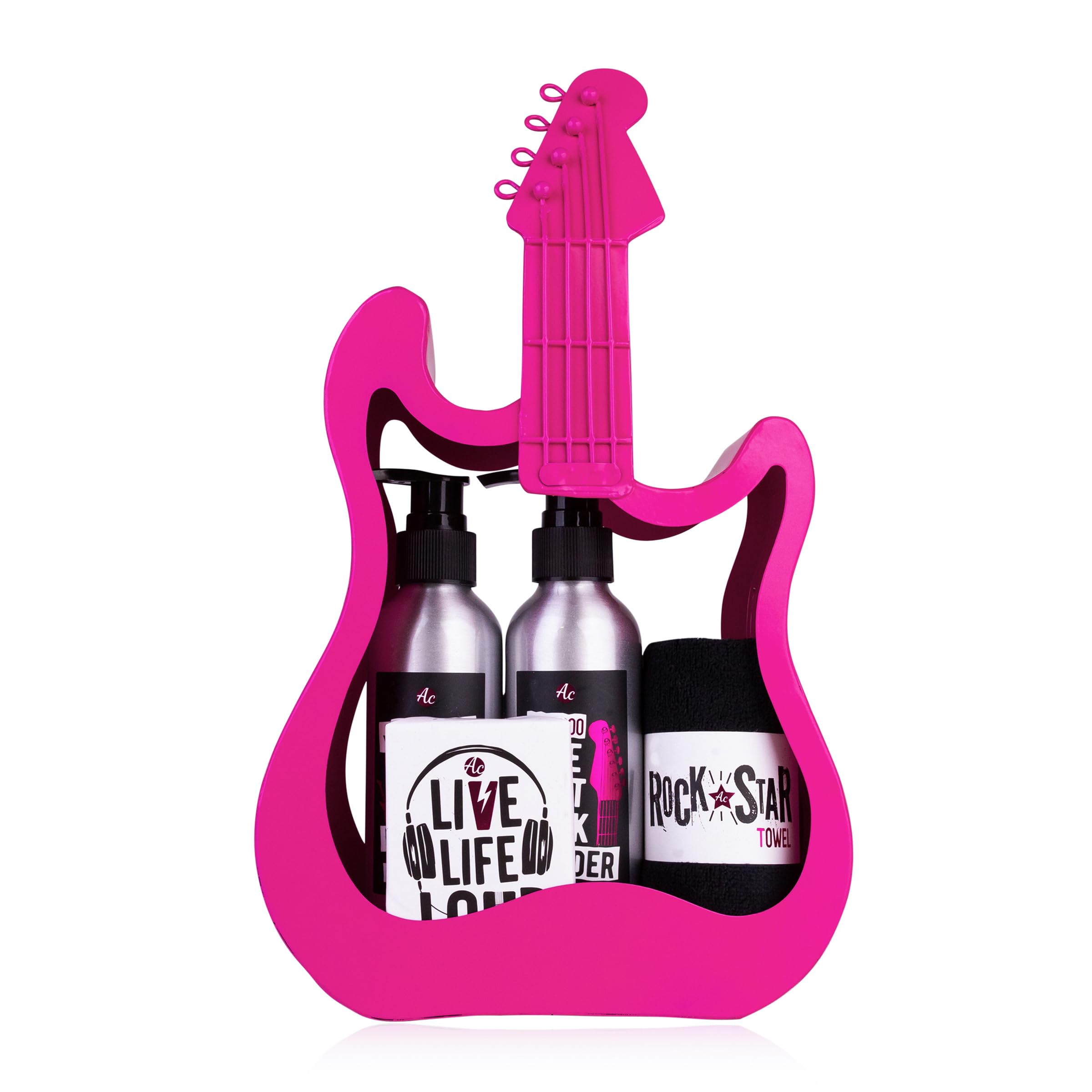 Accentra Geschenkset ROCKSTAR, Pflegeset in Metall Gitarre in pink mit Duschgel, Shampoo, Seife und Handtuch, als besondere rockige Geschenkidee für Geburtstag, Muttertag und Valentinstag