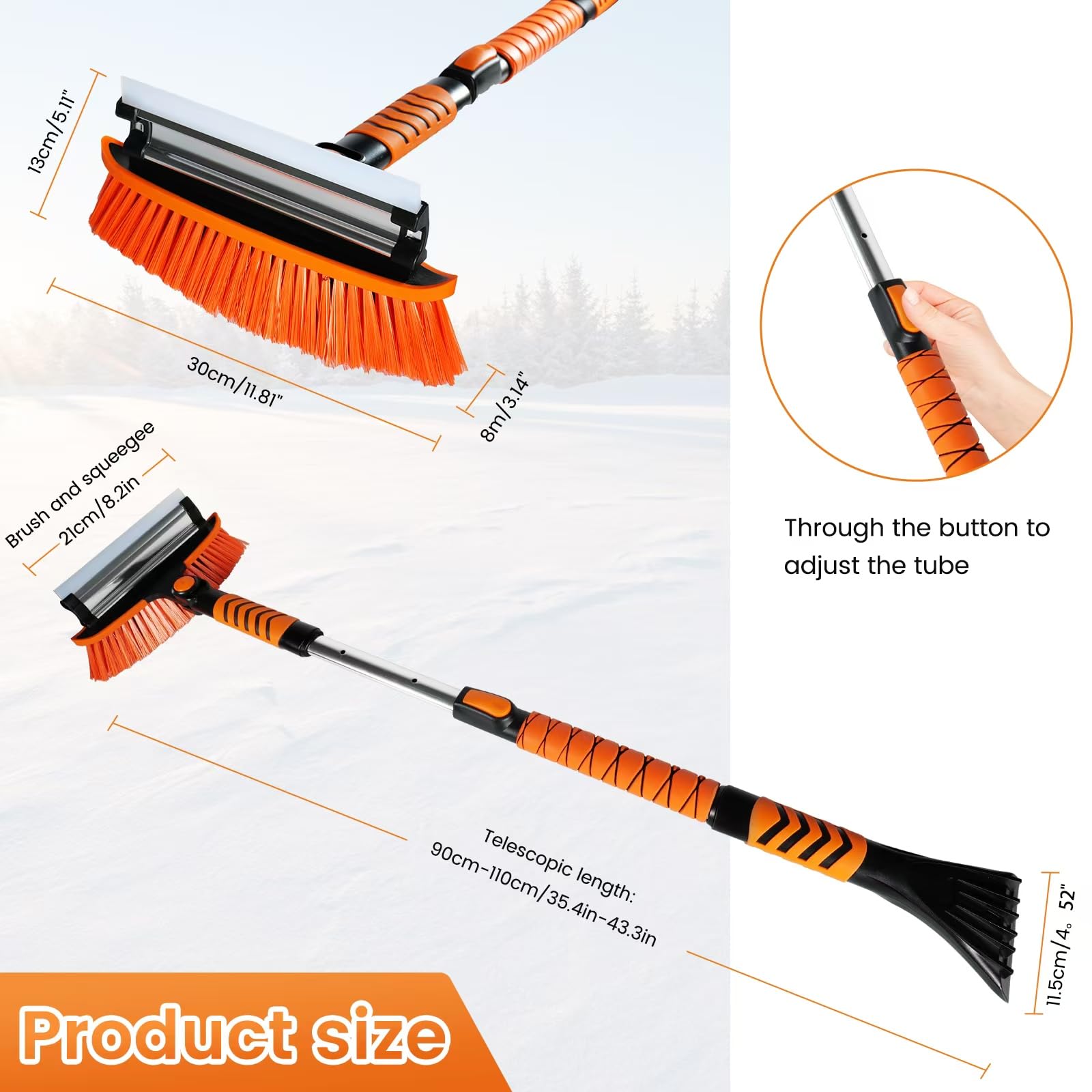 Skrobaczka do szyb samochodowych, 110 cm, wysuwana szczotka do śniegu z rakielem, obracana o 270° głowica szczotki, ergonomiczny uchwyt piankowy, do SUV-ów, ciężarówek, przedniej szyby