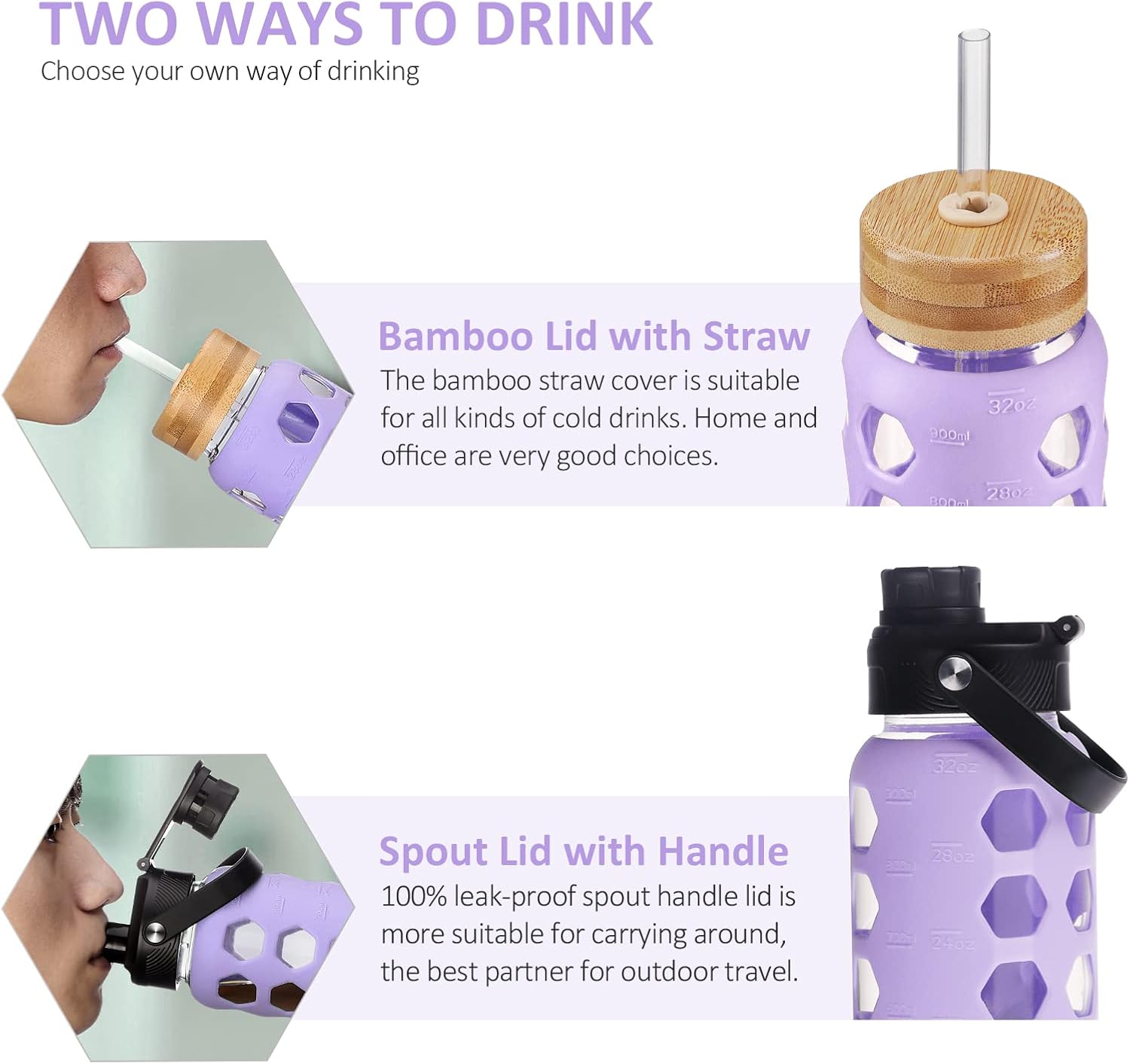 MUKOKO 32oz Glass Water Bottles with 2 Lids-Handle Spout Lid&Bamboo Straw Lid, Motivational Water Tumbler with Time Marker Reminder and Silicone Sleeve, Leakproof-Purple-1 Pack - Image 3