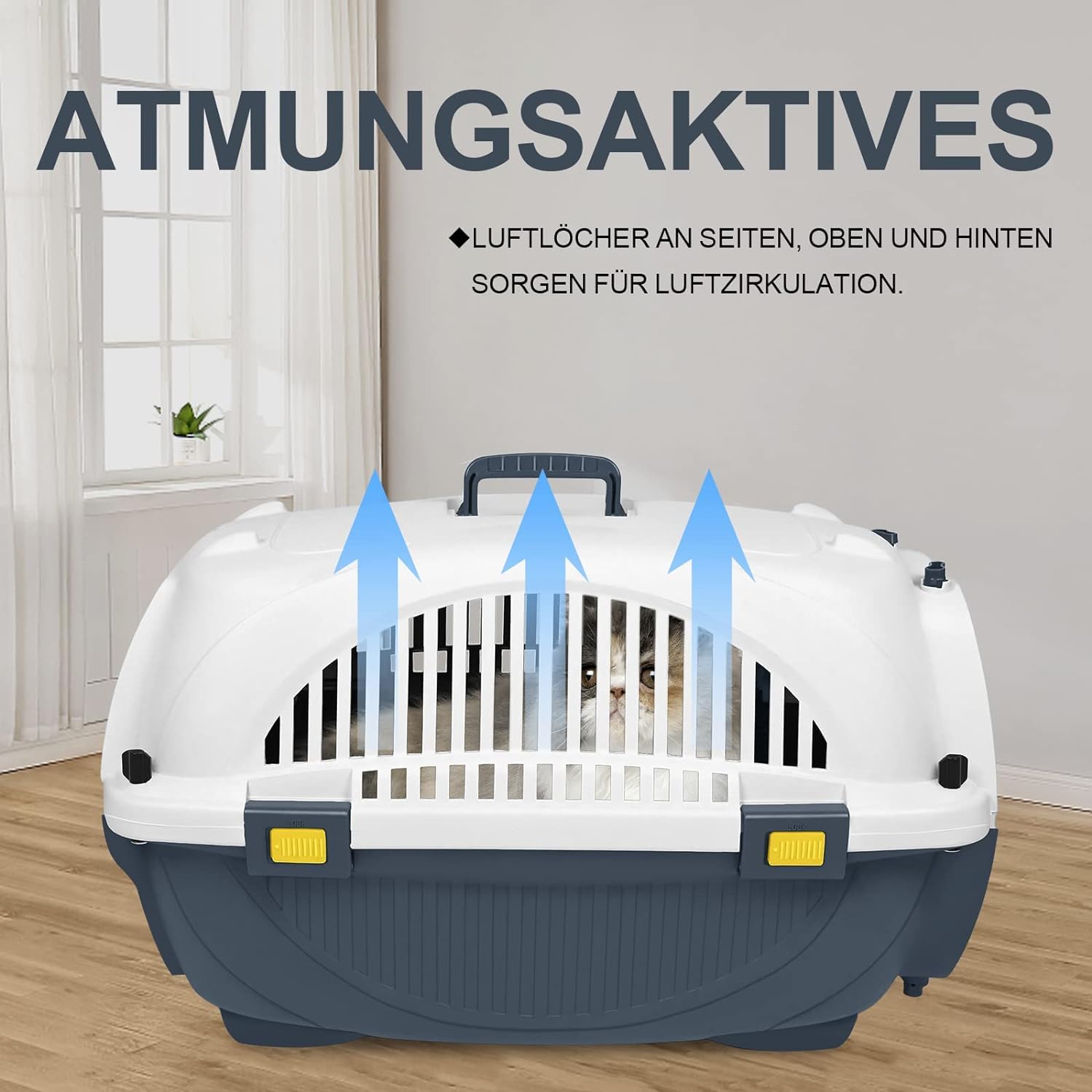 Boîte de transport pour chat - En plastique - Avec gamelle - Jusqu'à 10 kg - 61 x 37 x 37 cm - Gris