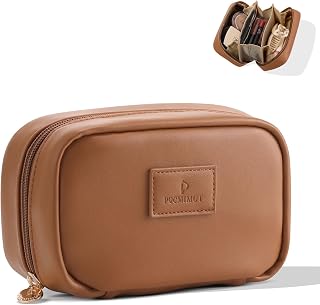 Pocmimut PU Leather Makeup Bag Travel Makeup Bag,Open Flat Makeup Bag for Purse,Purse Pouch,Makeup Pouch for Women, Brown, Small