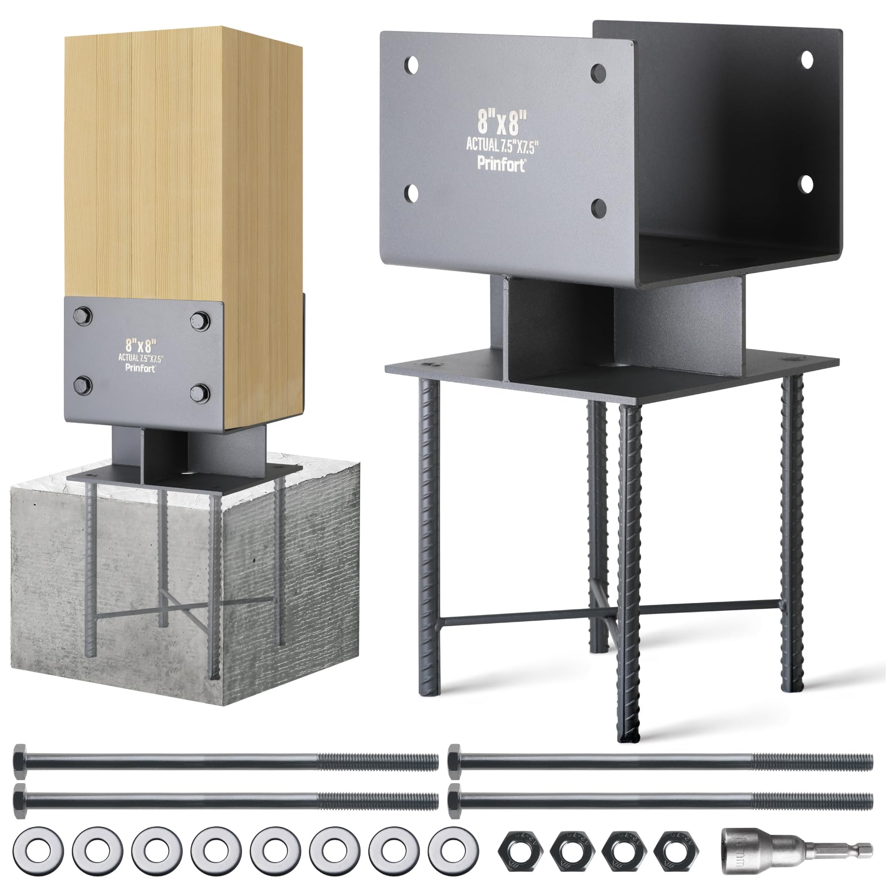 Prinfort Stainless Steel 8"x8"(Actual 7.5"x7.5") Post Base Bracket Concrete, Wet Set Concrete Post Anchor Bracket Heavy Duty 1Pack