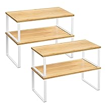 SONGMICS Organizzatori da Cucina, Set di 4 Scaffali da Banco, Portaoggetti per Armadietto, Impilabile, Espandibile, Metallo e Legno Ingegnerizzato, Bianco Nuvola e Beige Naturale KCS210W01