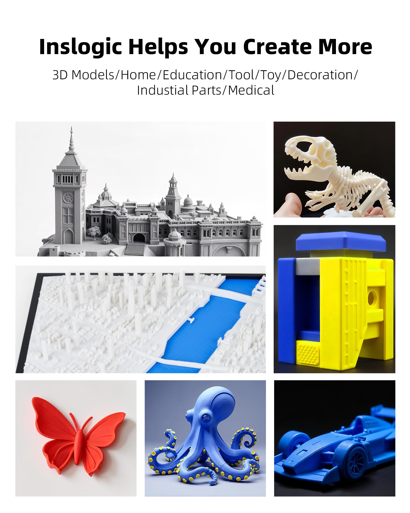 Inslogic Matte PLA Filament 1.75mm Filament 3D z matowym wykończeniem, szpula 1kg, dokładność ±0.02mm, kompatybilna z drukarkami FDM (Biały)