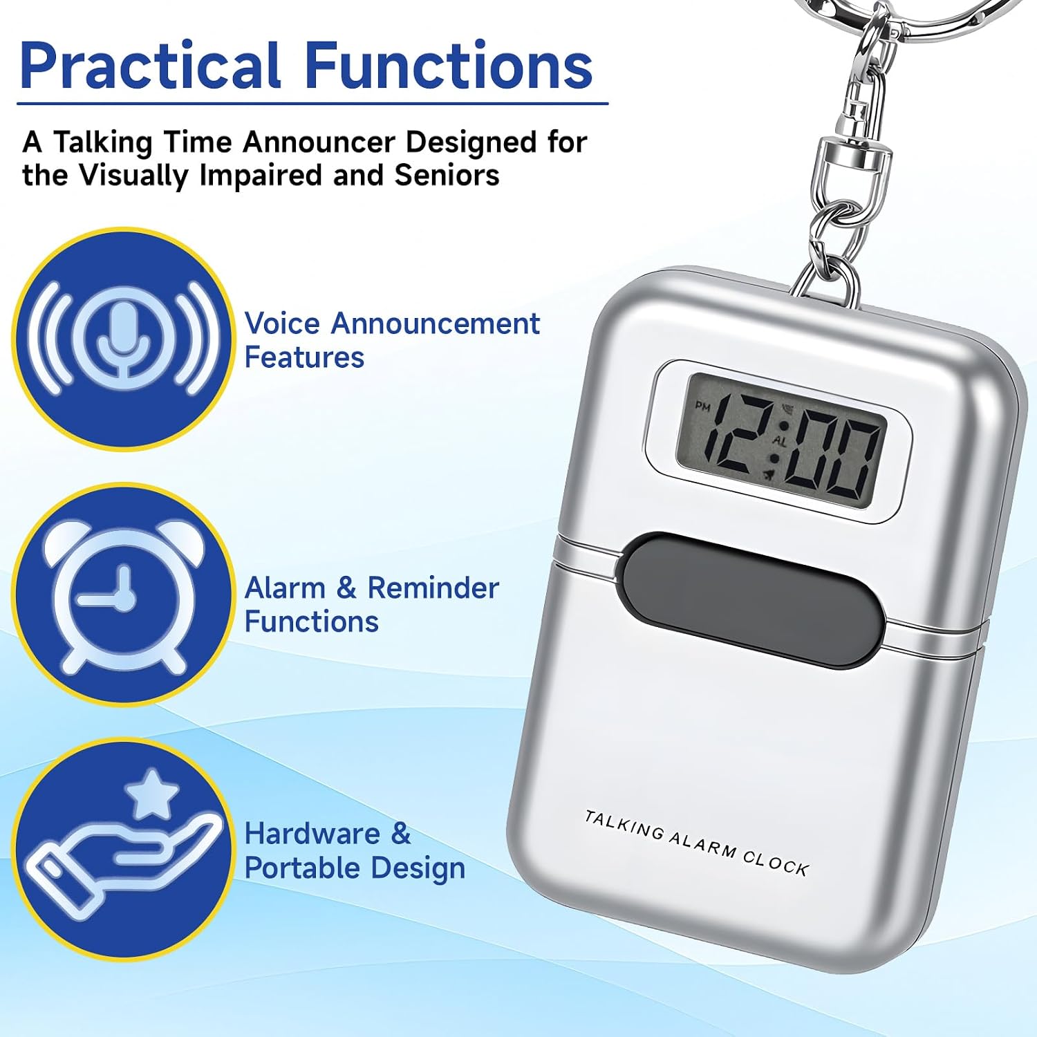 Lenporl Talking Clock for The Blind and Visually Impaired - Easy-Use Talking Alarm Clock for Blind Elderly with Voice Announcement, LCD Display, Keychain & Portable Design