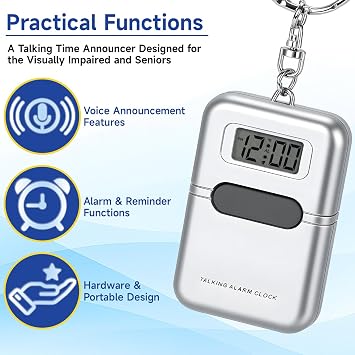Lenporl Talking Clock for The Blind and Visually Impaired - Easy-Use Talking Alarm Clock for Blind Elderly with Voice Announcement, LCD Display, Keychain & Portable Design