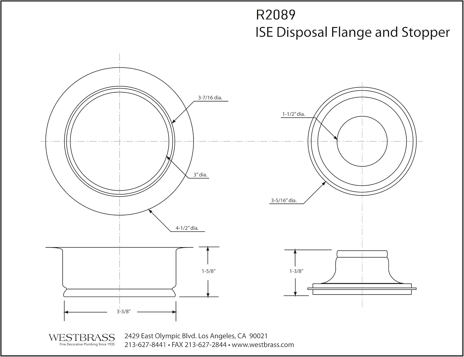 Westbrass R2089-50-62 4-1/4" Kitchen Sink Waste Disposal Drain Flange and Stopper, Matte Black (50 Pack)