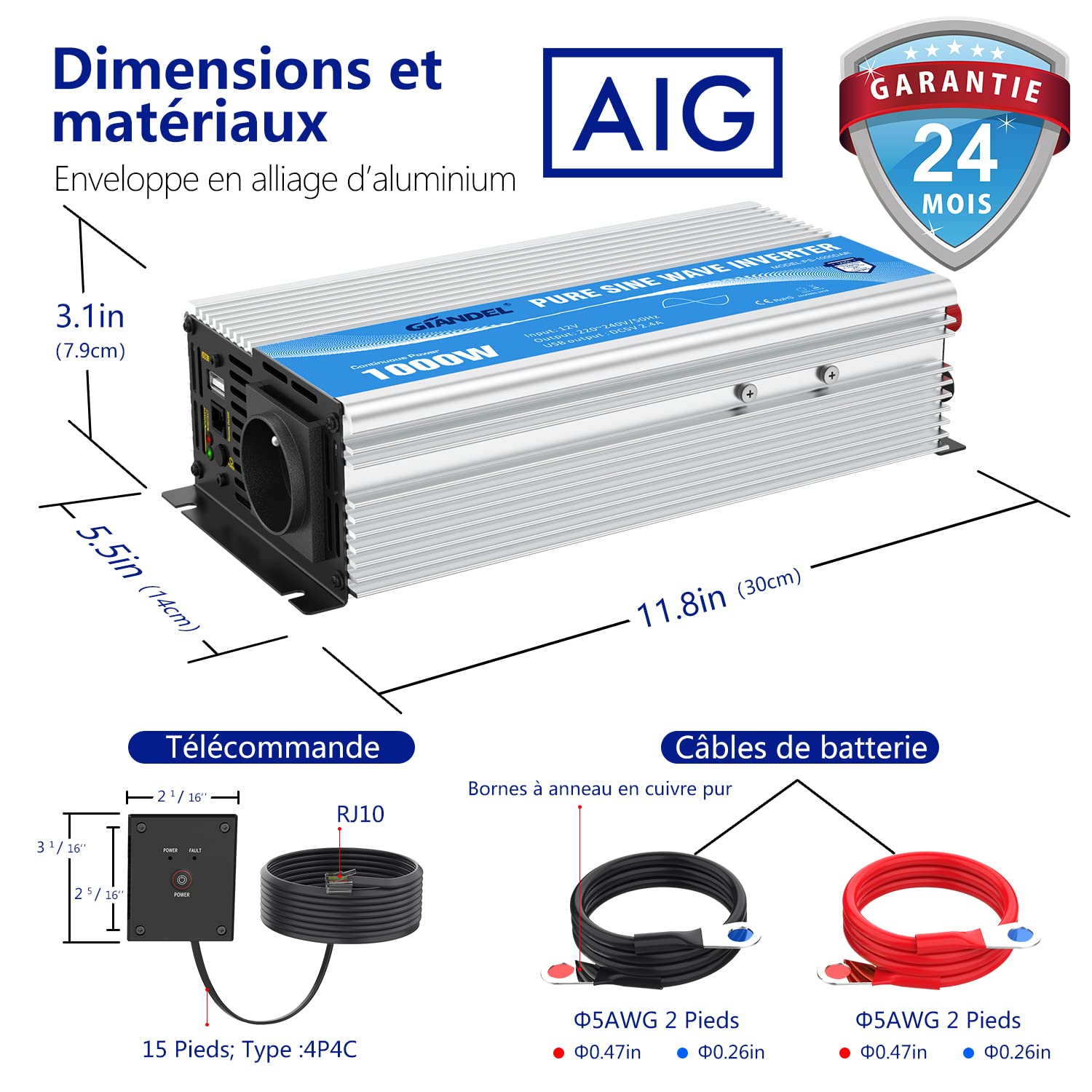 GIANDEL 1000W Convertisseur 12V 220V Pur Sinus pour RV Voiture de Camion Onduleur 230V 240V Transformateur Onde Sinusoïdale Pure avec Télécommande 2.4A USB Ports