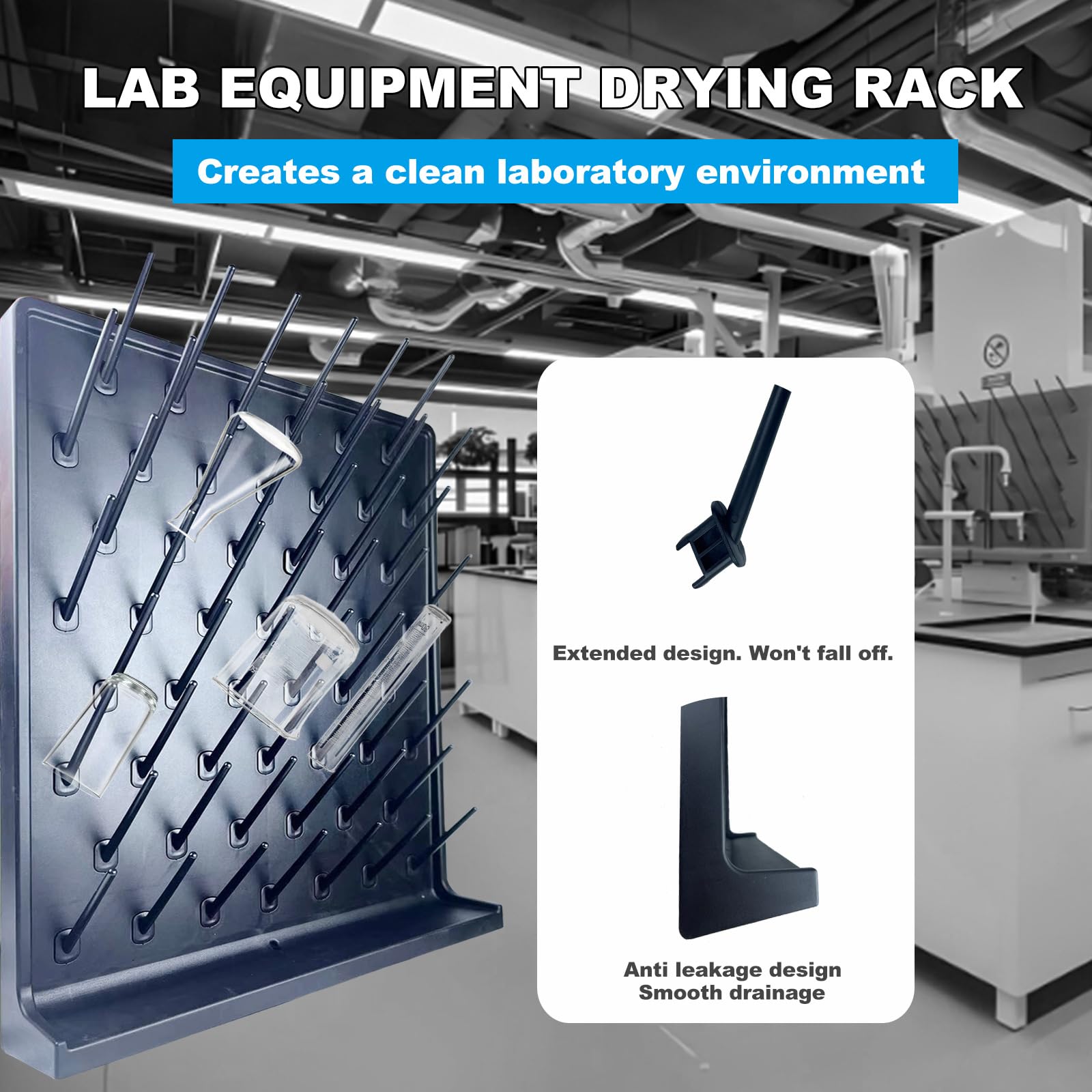 Rack di asciugatura da laboratorio 52 pioli armadi da laboratorio rack di asciugatura in vetro telaio nero per pulizia per utensili da laboratorio scolastici più recente installazione nascosta