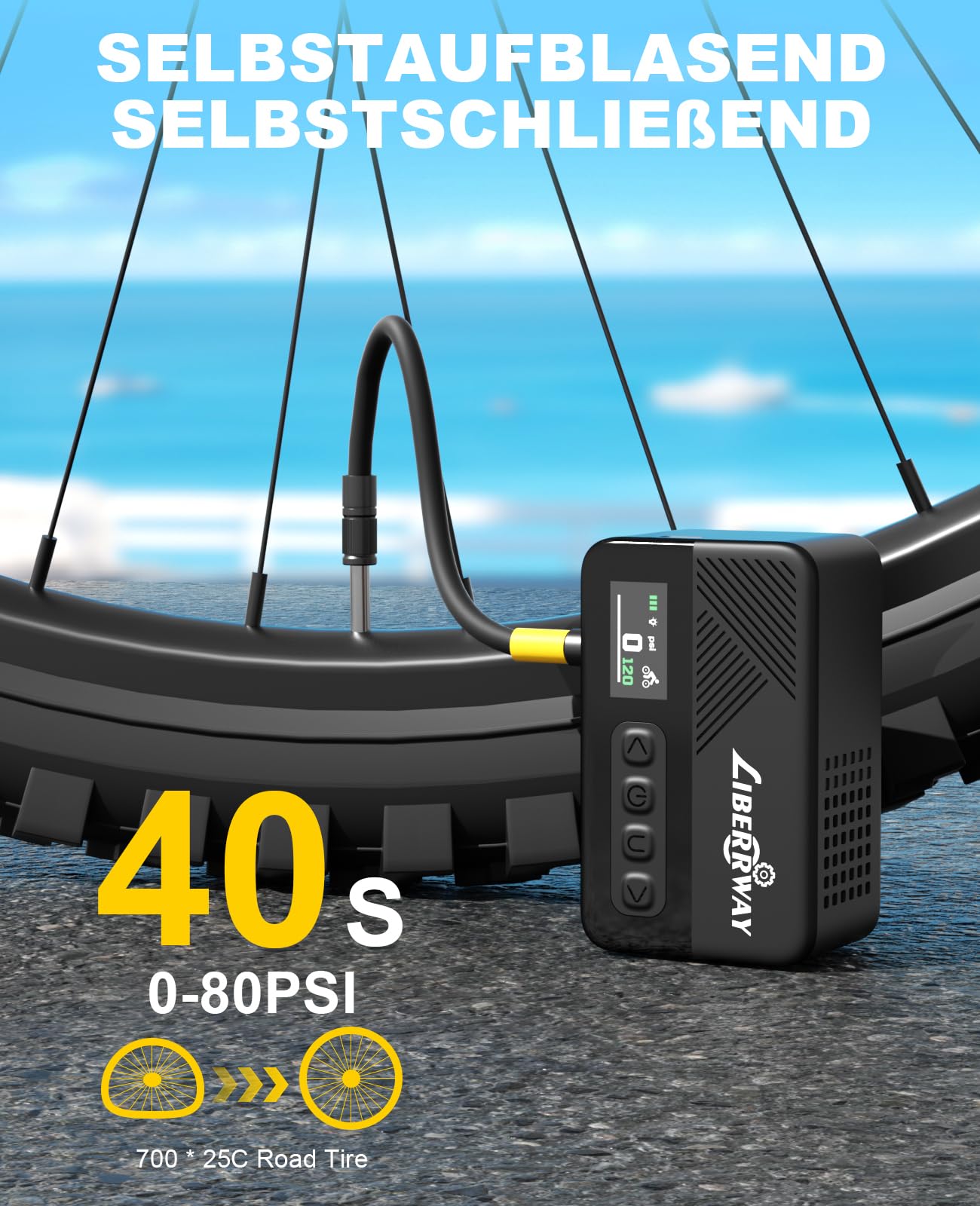 LIBERRWAY Mini Fahrradpumpe, Elektrische Fahrradluftpumpe mit Manometer, 120PSI(4 Maßeinheiten), Presta und Schrader-Ventil, Auto-Off & LED Licht, für Rennrad Mountainbike und Stadtrad