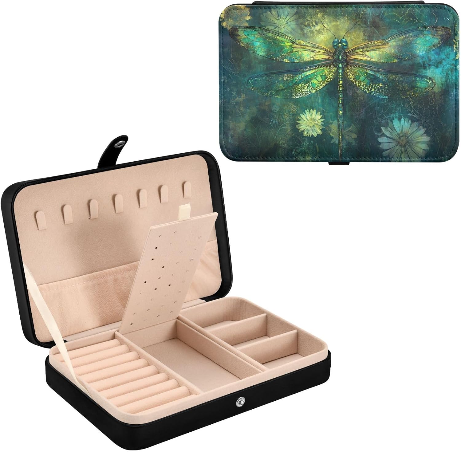 Jewelry Box PU Leather Green Dragonfly Print, Travel Jewelry Organizers with Dividers Portable Jewelry Holders